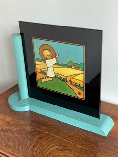 Placa de sobremesa de vidrio grabado a mano que representa al Niño Jesús bendiciendo la tierra