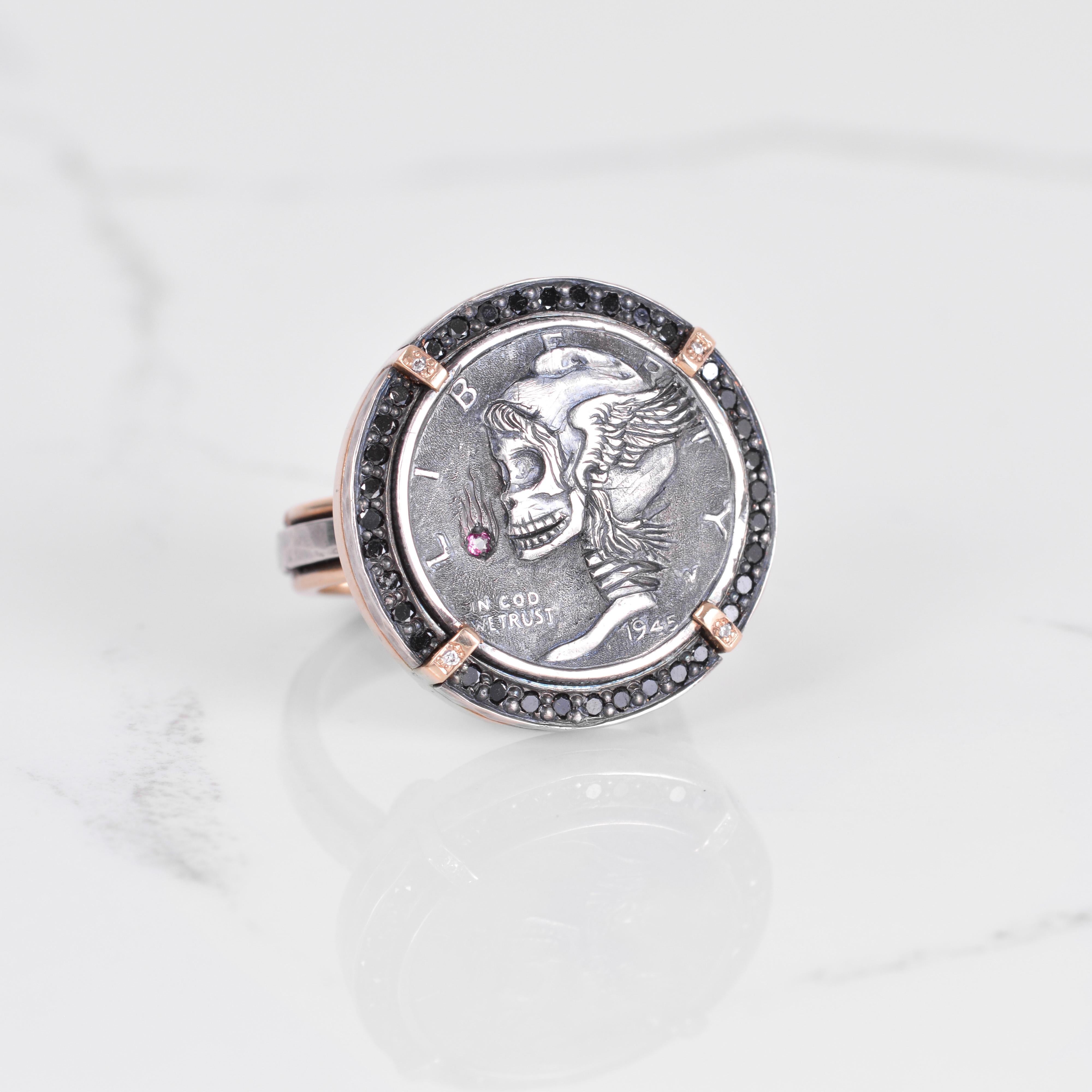 Round Cut Hand Engraved Hobo Coin Ring with Black Diamond Halo For Sale
