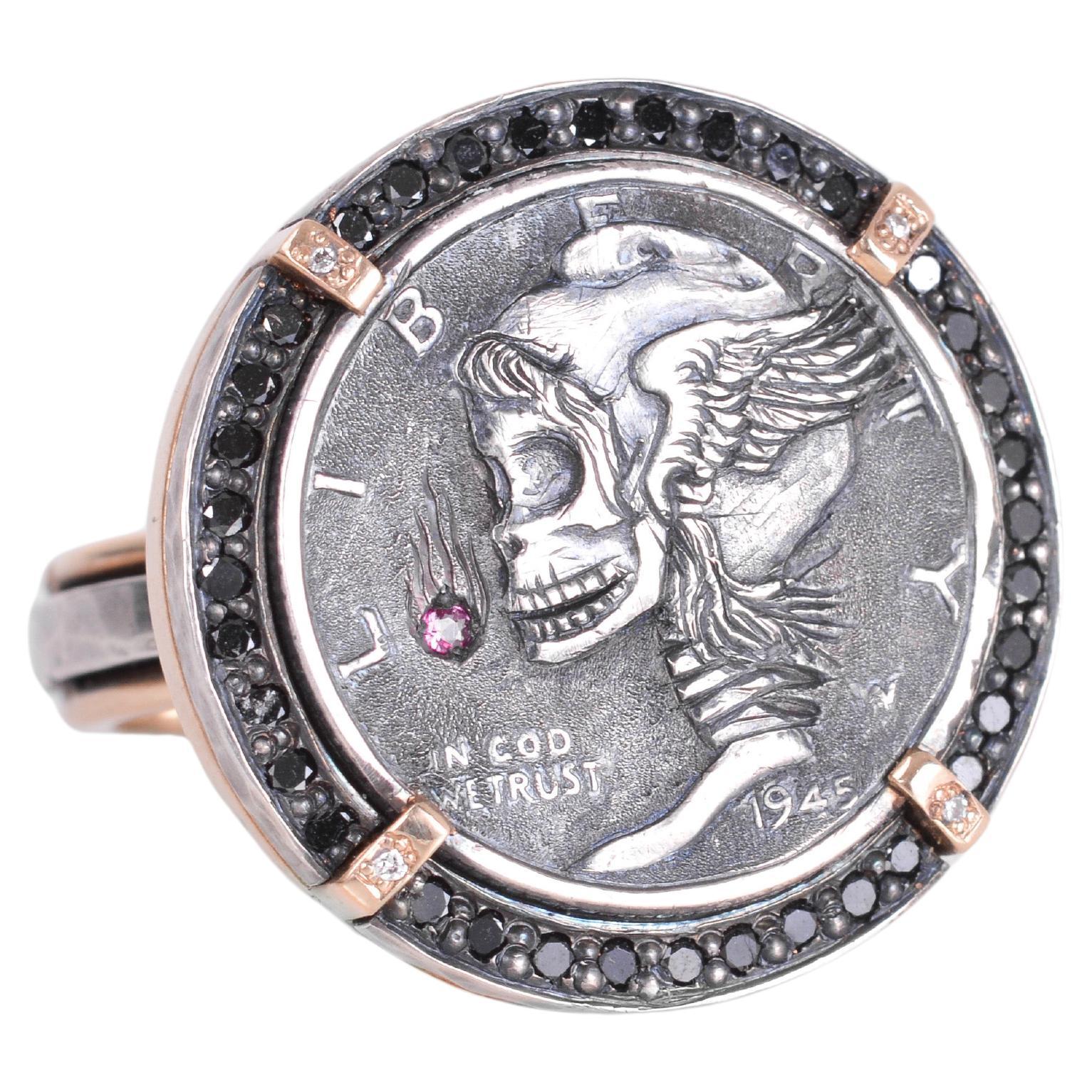 Hand Engraved Hobo Coin Ring with Black Diamond Halo For Sale