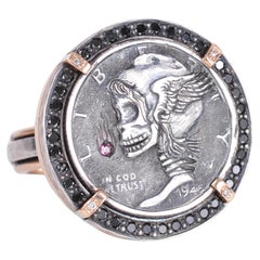 Hand Engraved Hobo Coin Ring with Black Diamond Halo