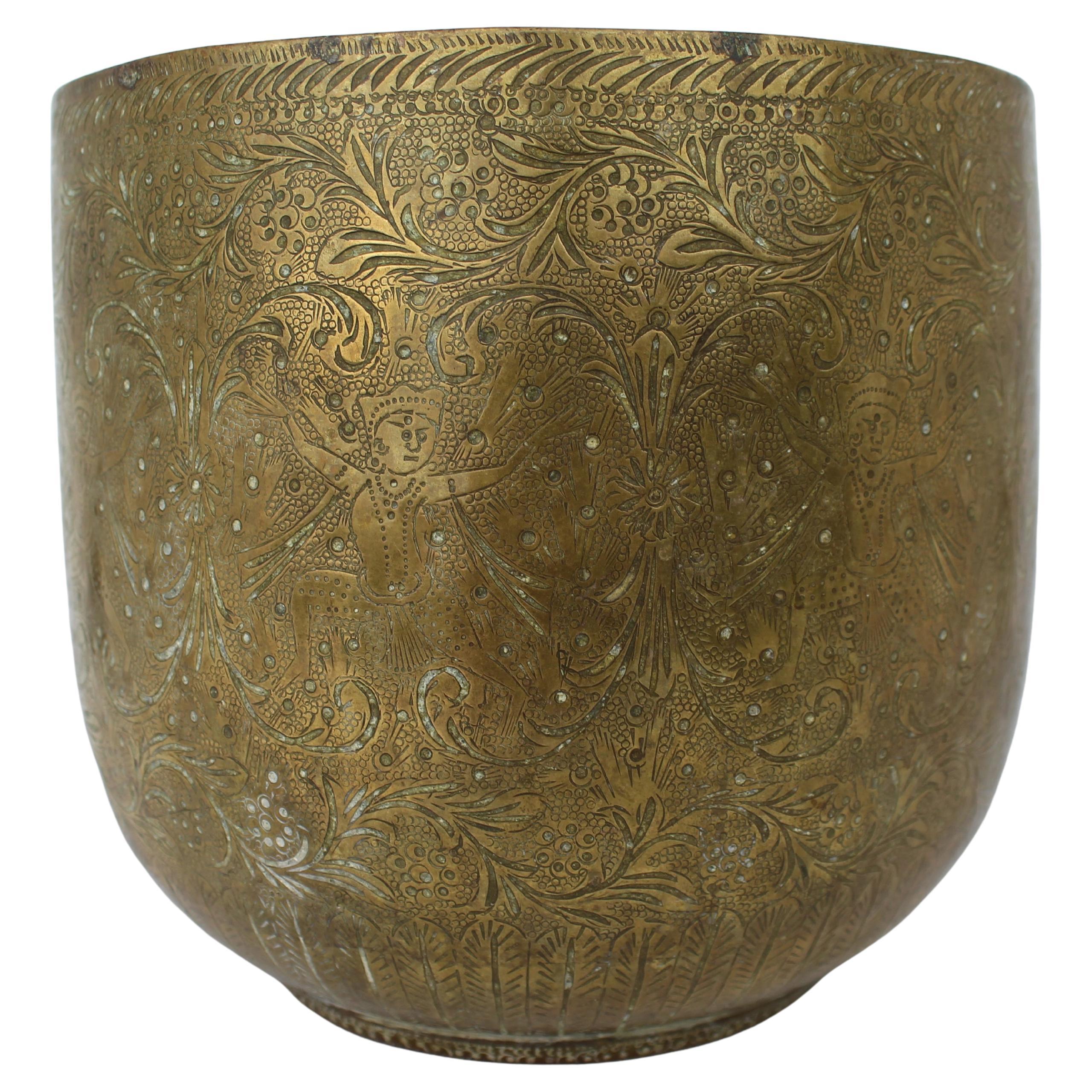 Hand-Engraved Indian Brass Jardinière or Cachepot, Circa 1880