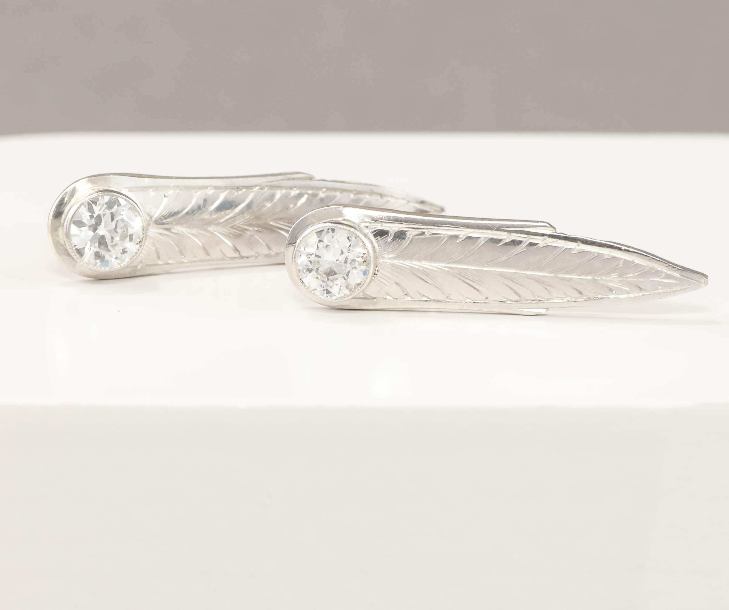 Art Deco Hand Engraved Leaf Feather Diamond Earrings - Old European Cut Diamonds .90 ctw For Sale