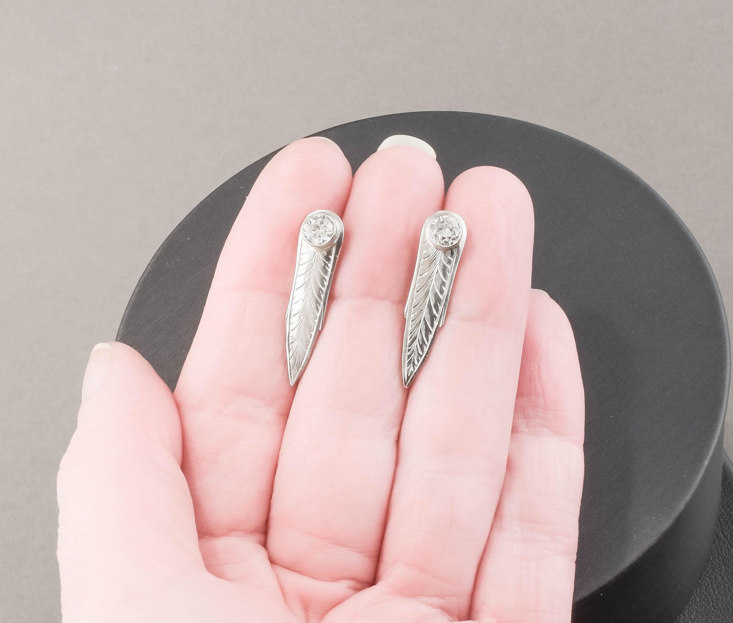 Hand Engraved Leaf Feather Diamond Earrings - Old European Cut Diamonds .90 ctw In Good Condition For Sale In Danvers, MA