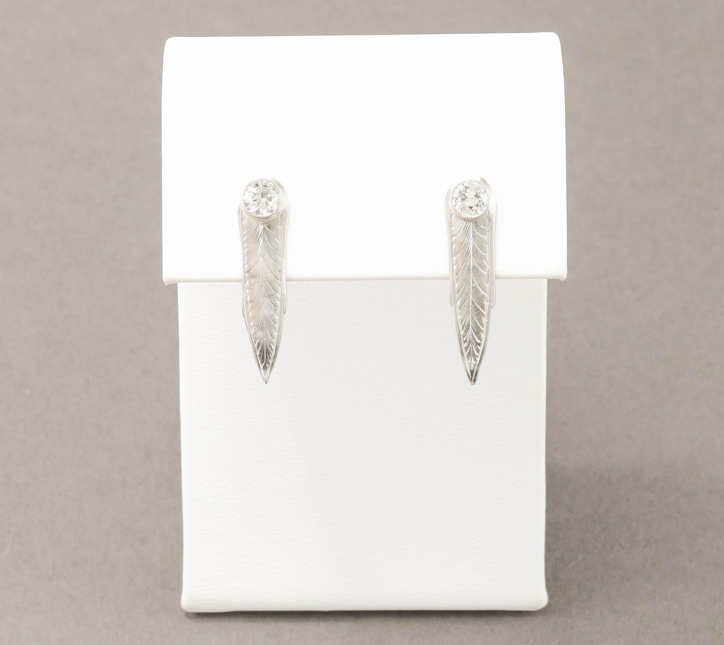 Hand Engraved Leaf Feather Diamond Earrings - Old European Cut Diamonds .90 ctw For Sale 4
