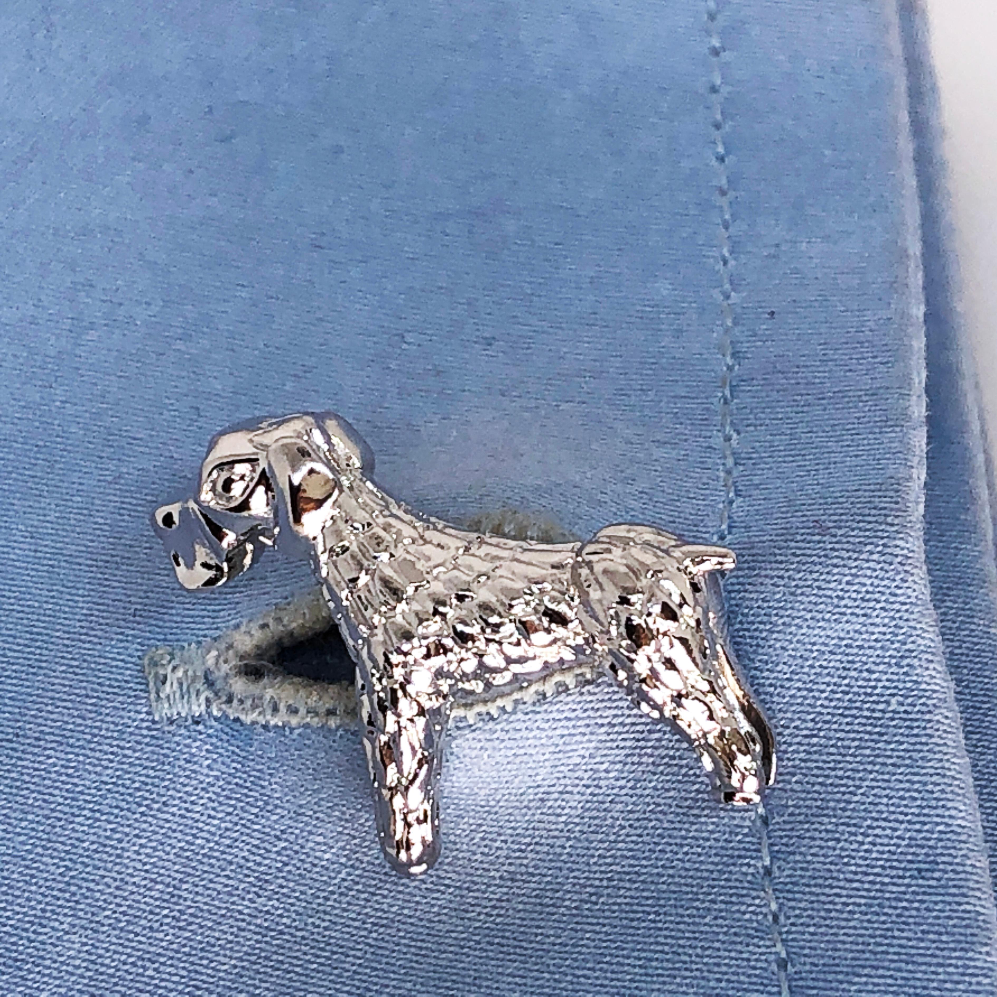 Berca Hand Engraved Little Hound Shaped T-Bar Back Sterling Silver Cufflinks For Sale 5
