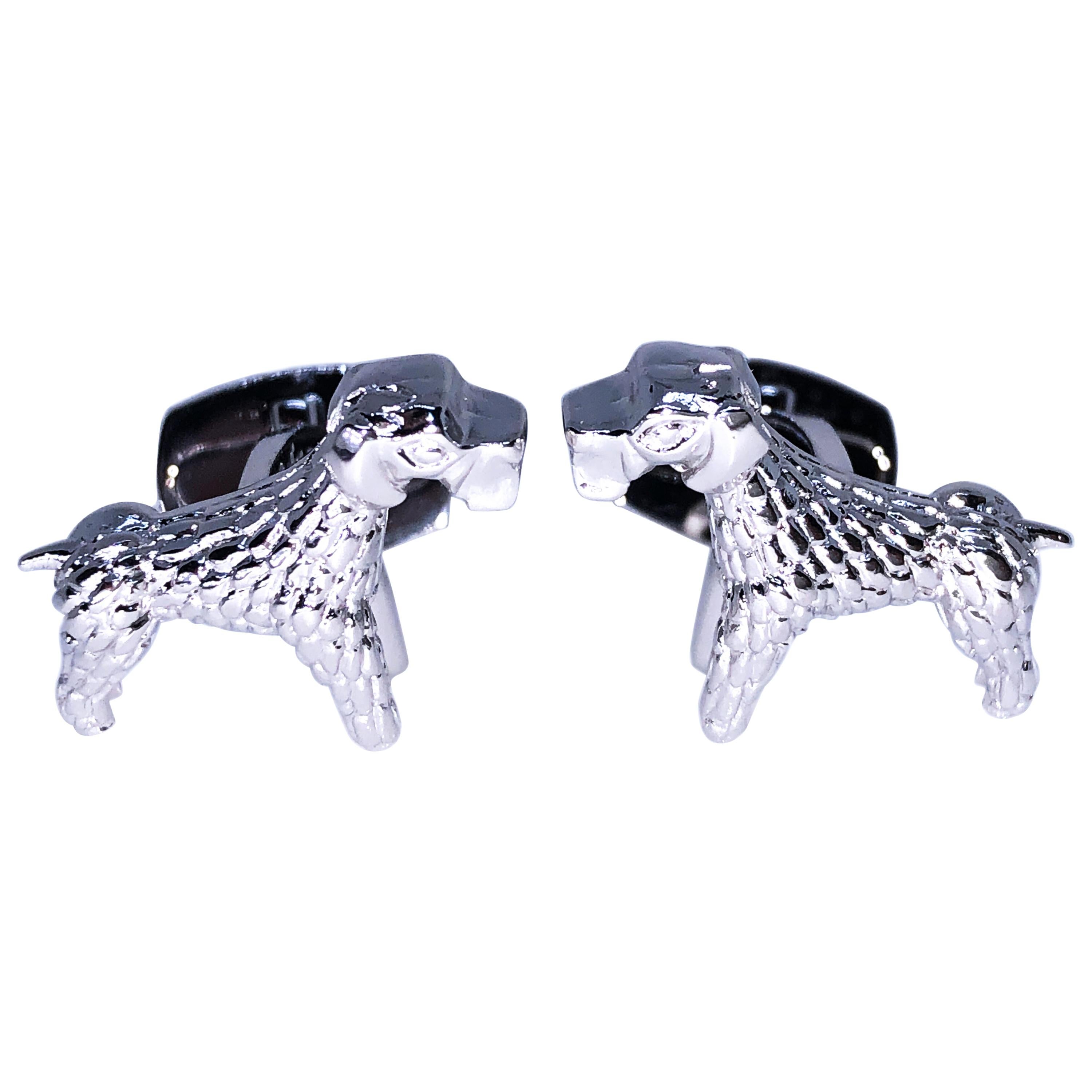 Berca Hand Engraved Little Hound Shaped T-Bar Back Sterling Silver Cufflinks For Sale