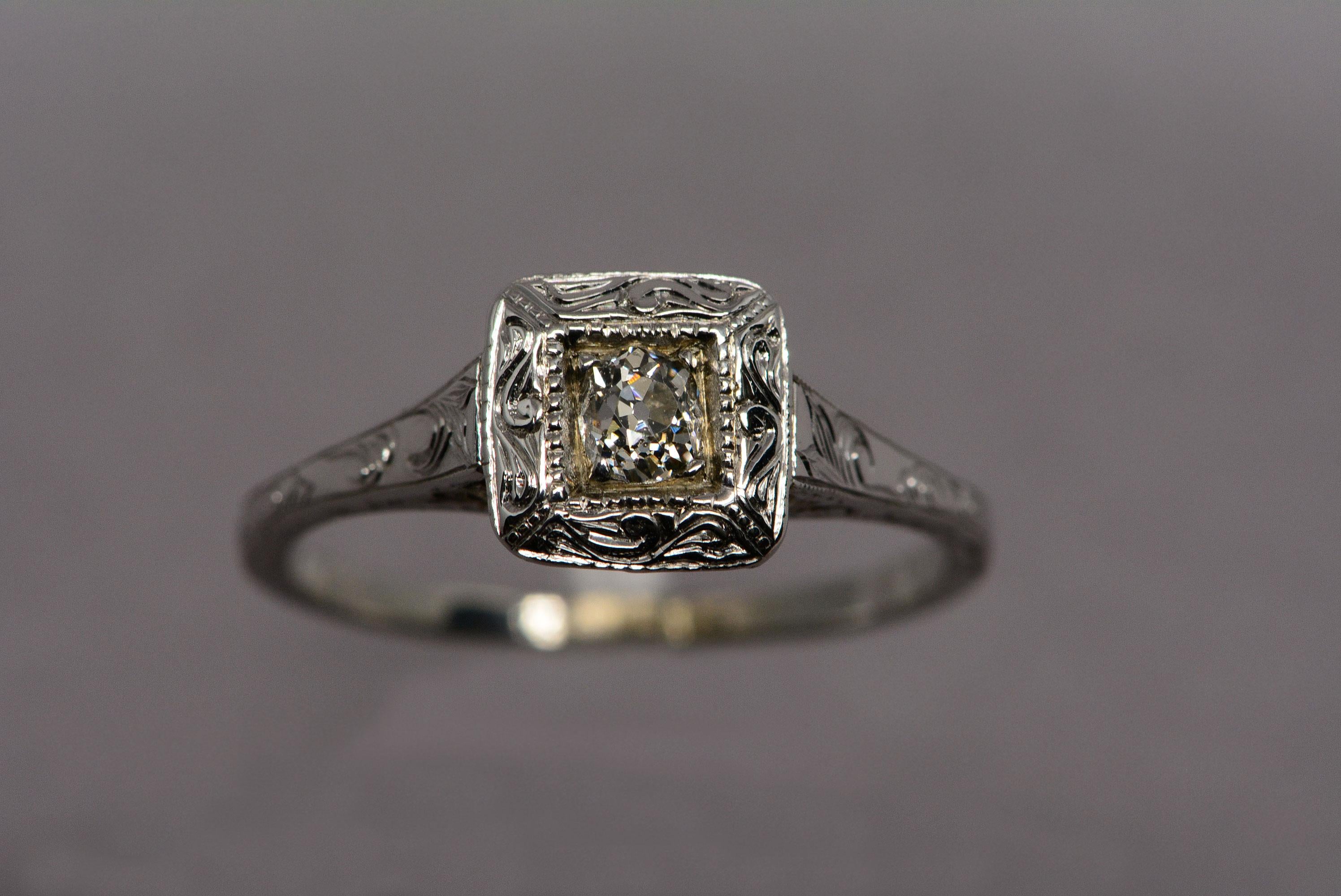 Art Deco Hand-Engraved Old Mine Cut Diamond Ring 14 Karat White Gold For Sale