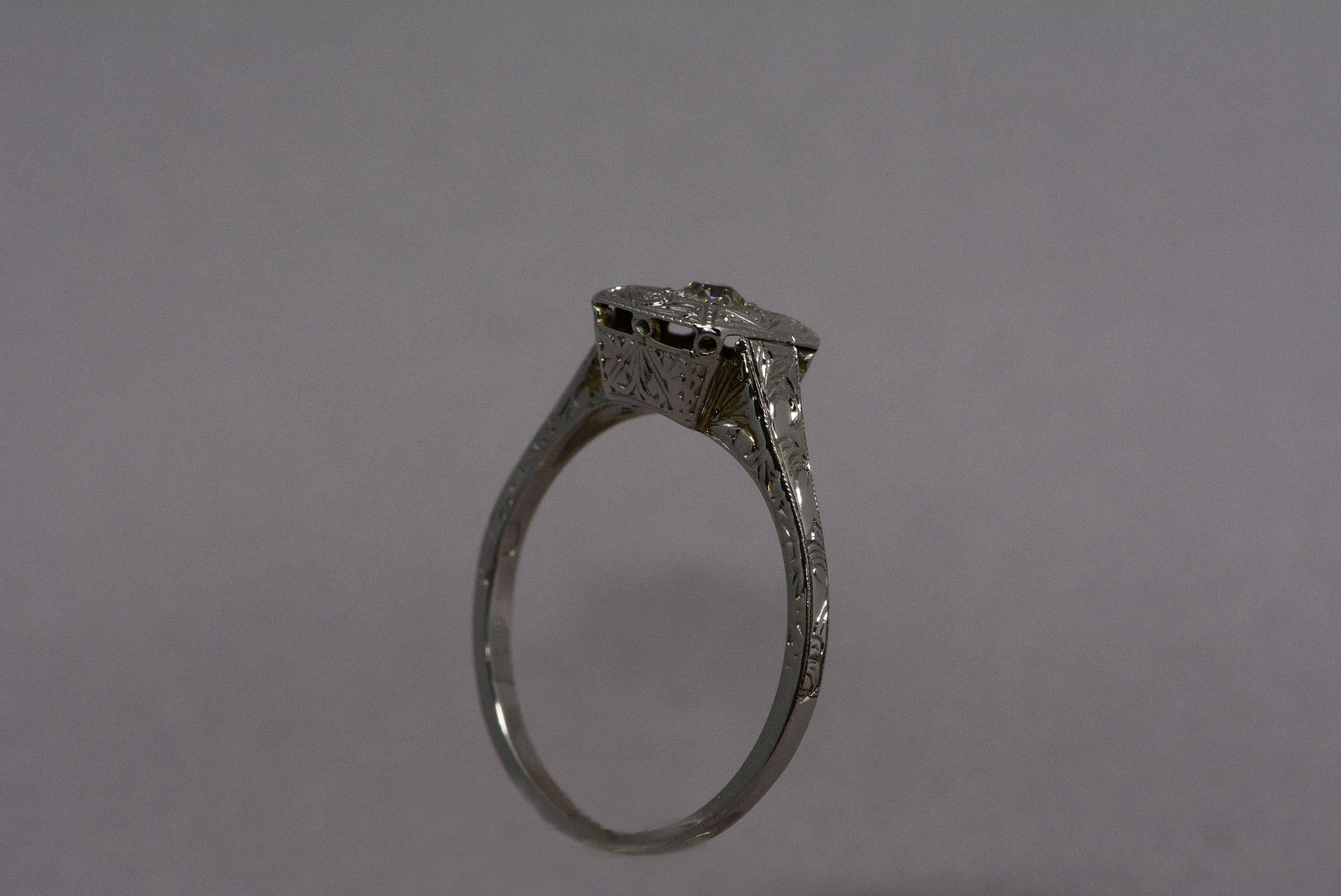Women's Hand-Engraved Old Mine Cut Diamond Ring 14 Karat White Gold For Sale