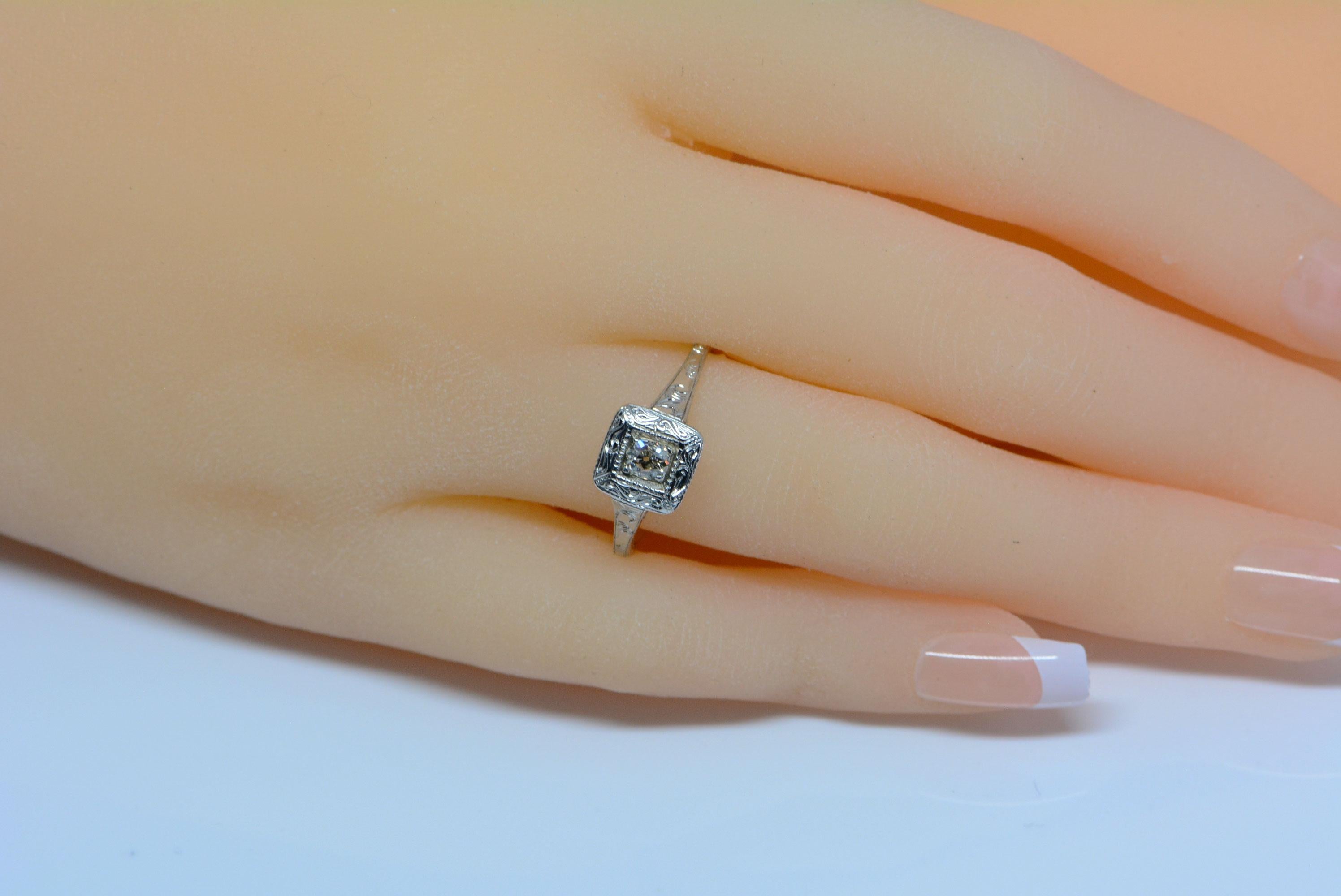 Hand-Engraved Old Mine Cut Diamond Ring 14 Karat White Gold For Sale 1