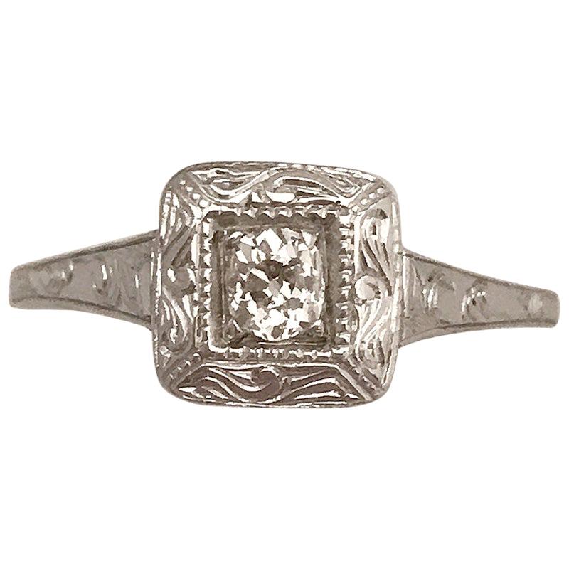 Hand-Engraved Old Mine Cut Diamond Ring 14 Karat White Gold For Sale