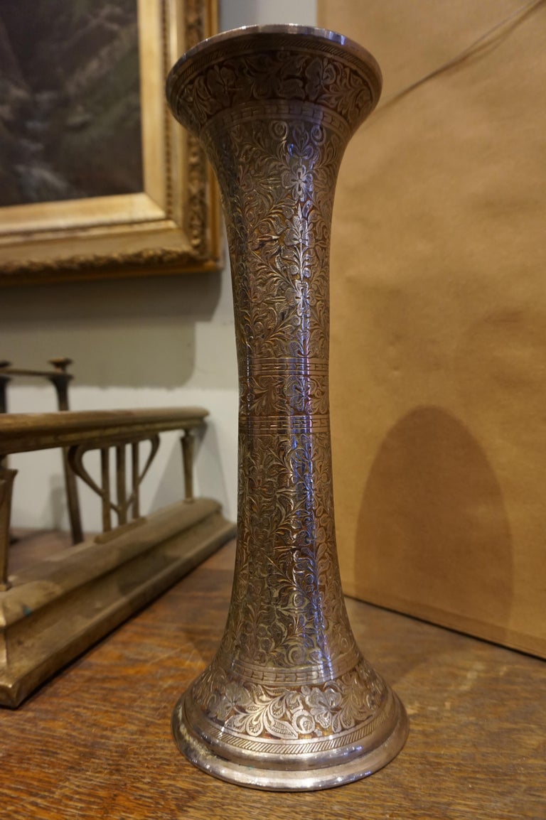 Hand Engraved and Painted Fine British India Silver Plated Vase For