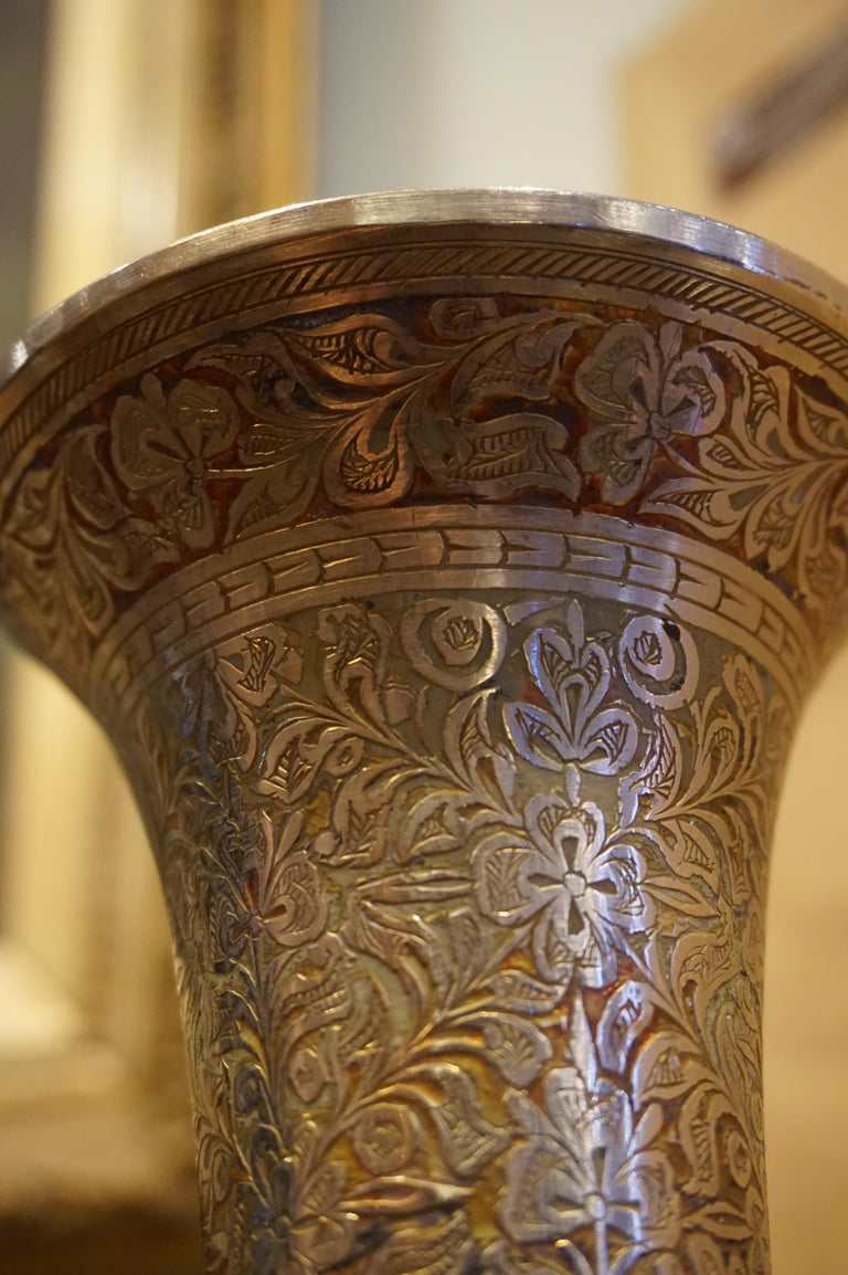 Hand Engraved and Painted Fine British India Silver Plated Vase For Sale at 1stDibs