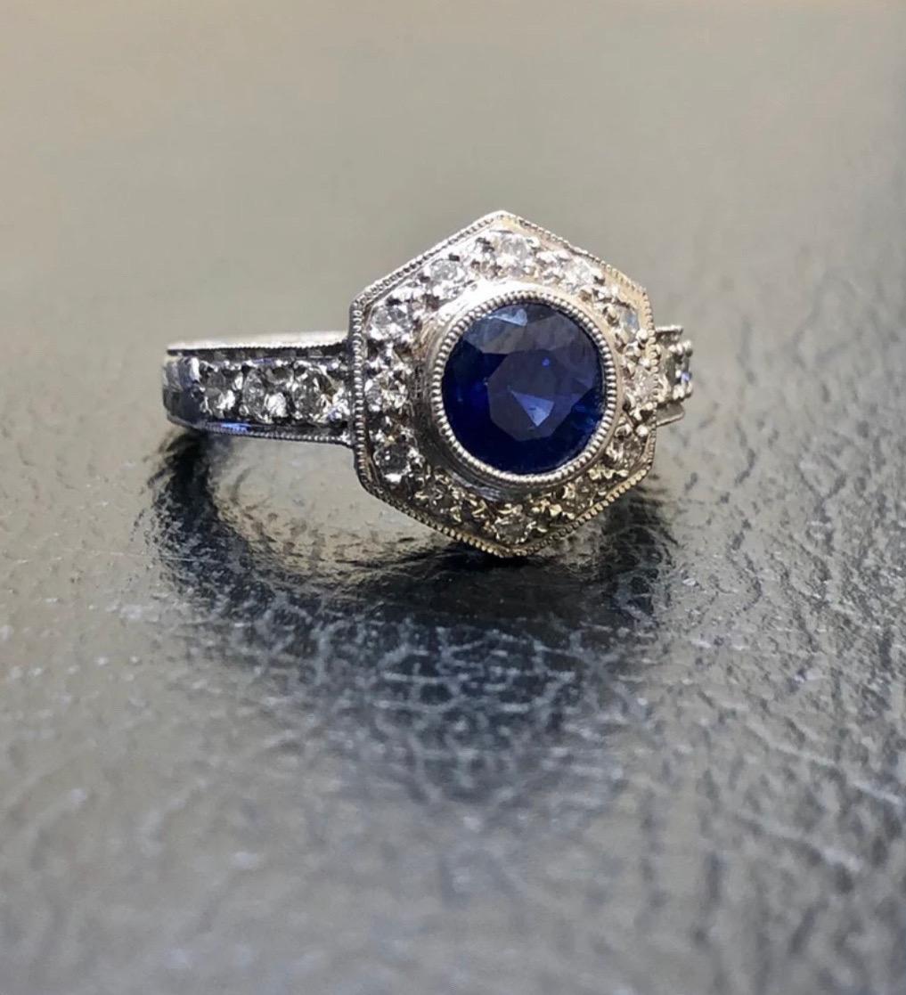 Hand Engraved Platinum 2 Carat Ceylon Blue Sapphire Platinum Halo Diamond Ring For Sale 4