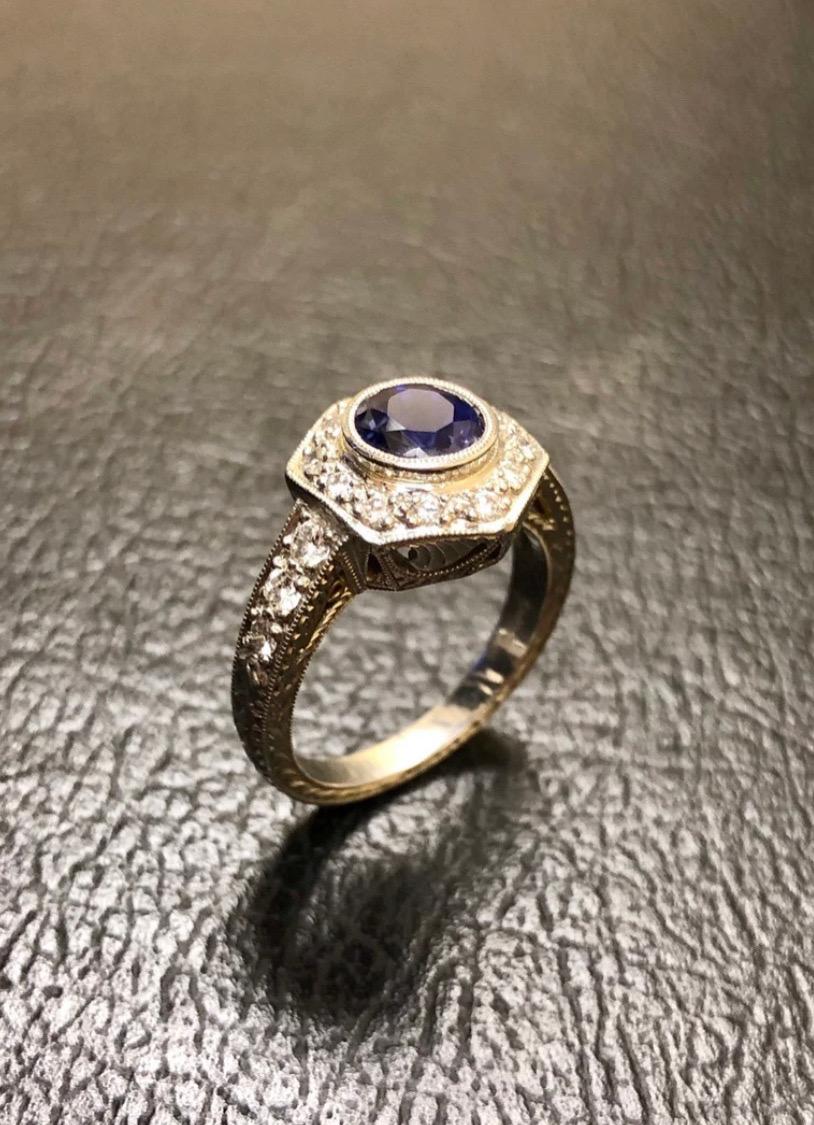 Hand Engraved Platinum 2 Carat Ceylon Blue Sapphire Platinum Halo Diamond Ring For Sale 5