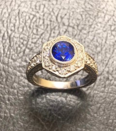 Hand Engraved Platinum 2 Carat Ceylon Blue Sapphire Platinum Halo Diamond Ring