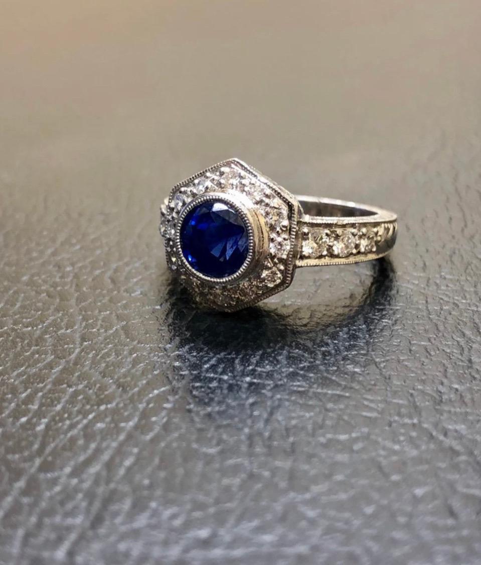 Art Deco Hand Engraved Platinum 2 Carat Ceylon Blue Sapphire Platinum Halo Diamond Ring For Sale