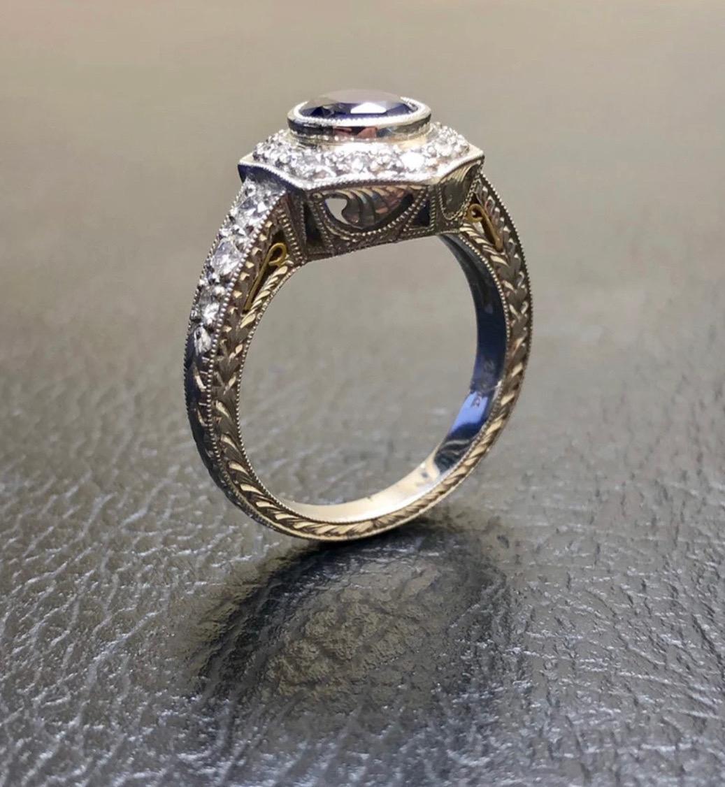 Hand Engraved Platinum 2 Carat Ceylon Blue Sapphire Platinum Halo Diamond Ring In New Condition For Sale In Los Angeles, CA