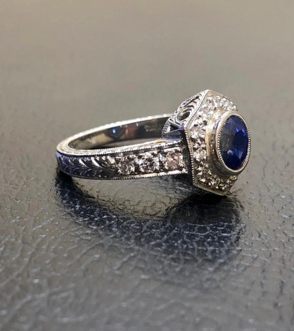 Women's or Men's Hand Engraved Platinum 2 Carat Ceylon Blue Sapphire Platinum Halo Diamond Ring For Sale