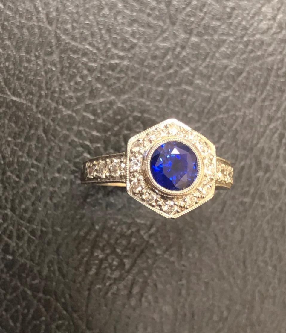 Hand Engraved Platinum 2 Carat Ceylon Blue Sapphire Platinum Halo Diamond Ring For Sale 1