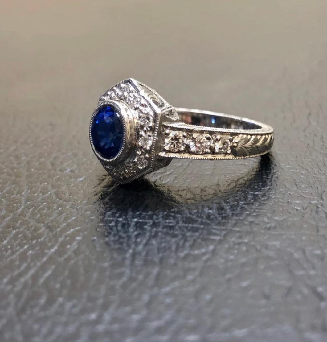 Hand Engraved Platinum 2 Carat Ceylon Blue Sapphire Platinum Halo Diamond Ring For Sale 3