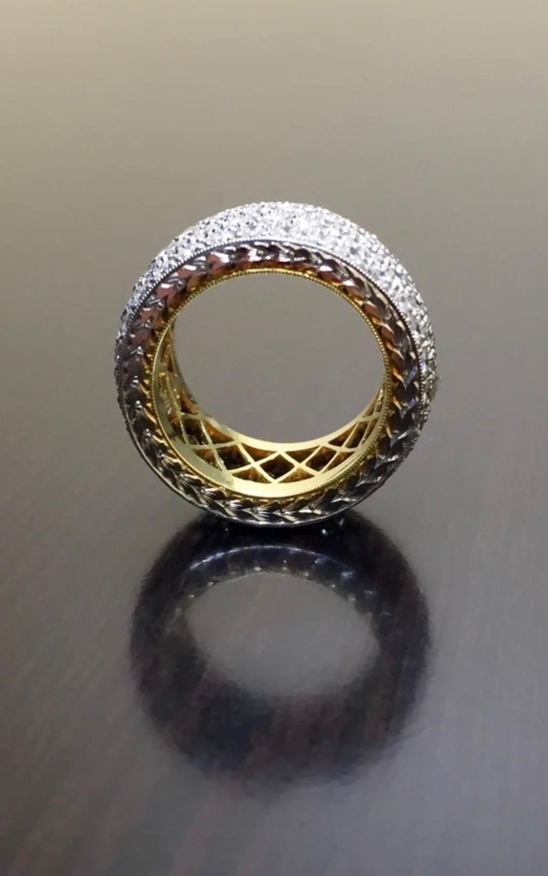 Hand Engraved Platinum 4.86 Carat Five Row Diamond Pave Anniversary Band In New Condition For Sale In Los Angeles, CA