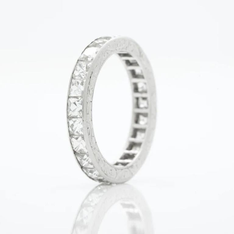 Hand Engraved Platinum and 4.0 Carat French Cut Diamond Eternity Ring In New Condition For Sale In New York, NY