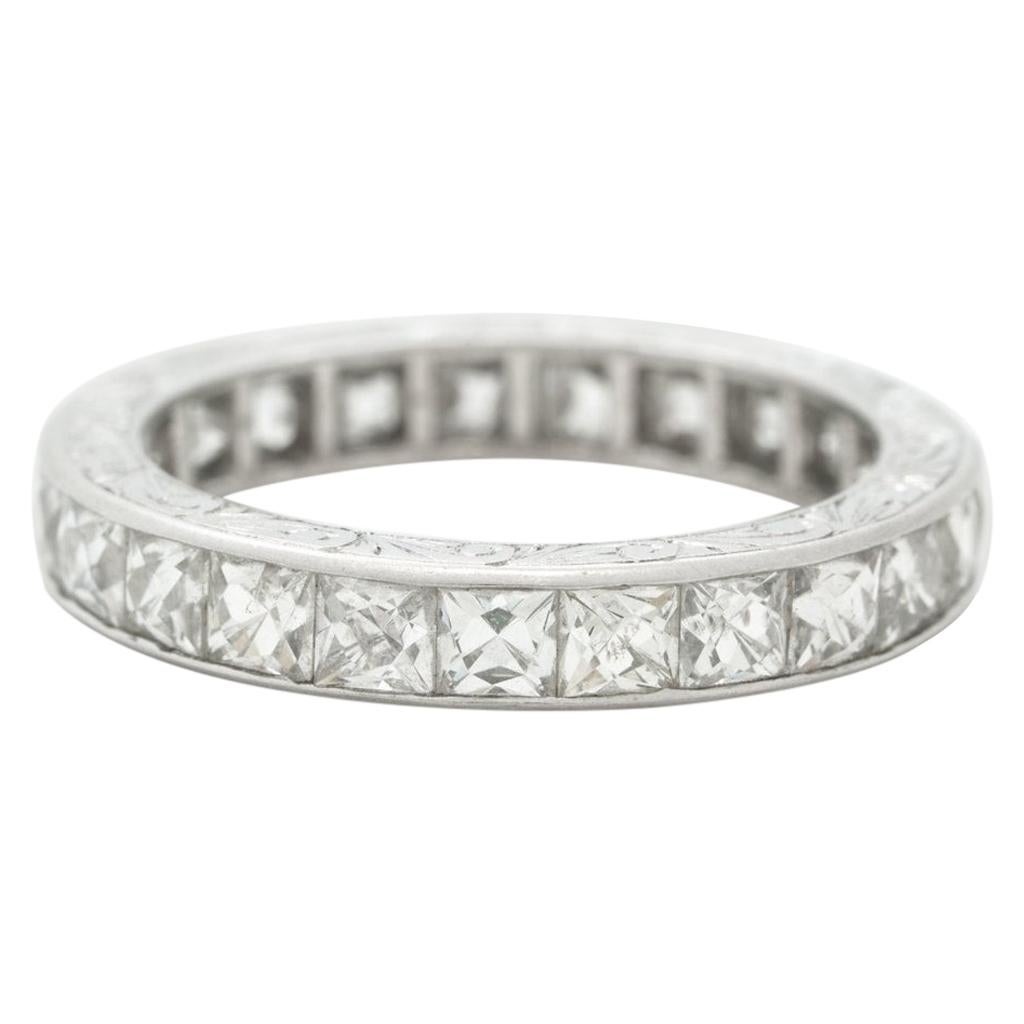 Hand Engraved Platinum and 4.0 Carat French Cut Diamond Eternity Ring For Sale