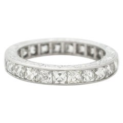 Hand Engraved Platinum and 4.0 Carat French Cut Diamond Eternity Ring