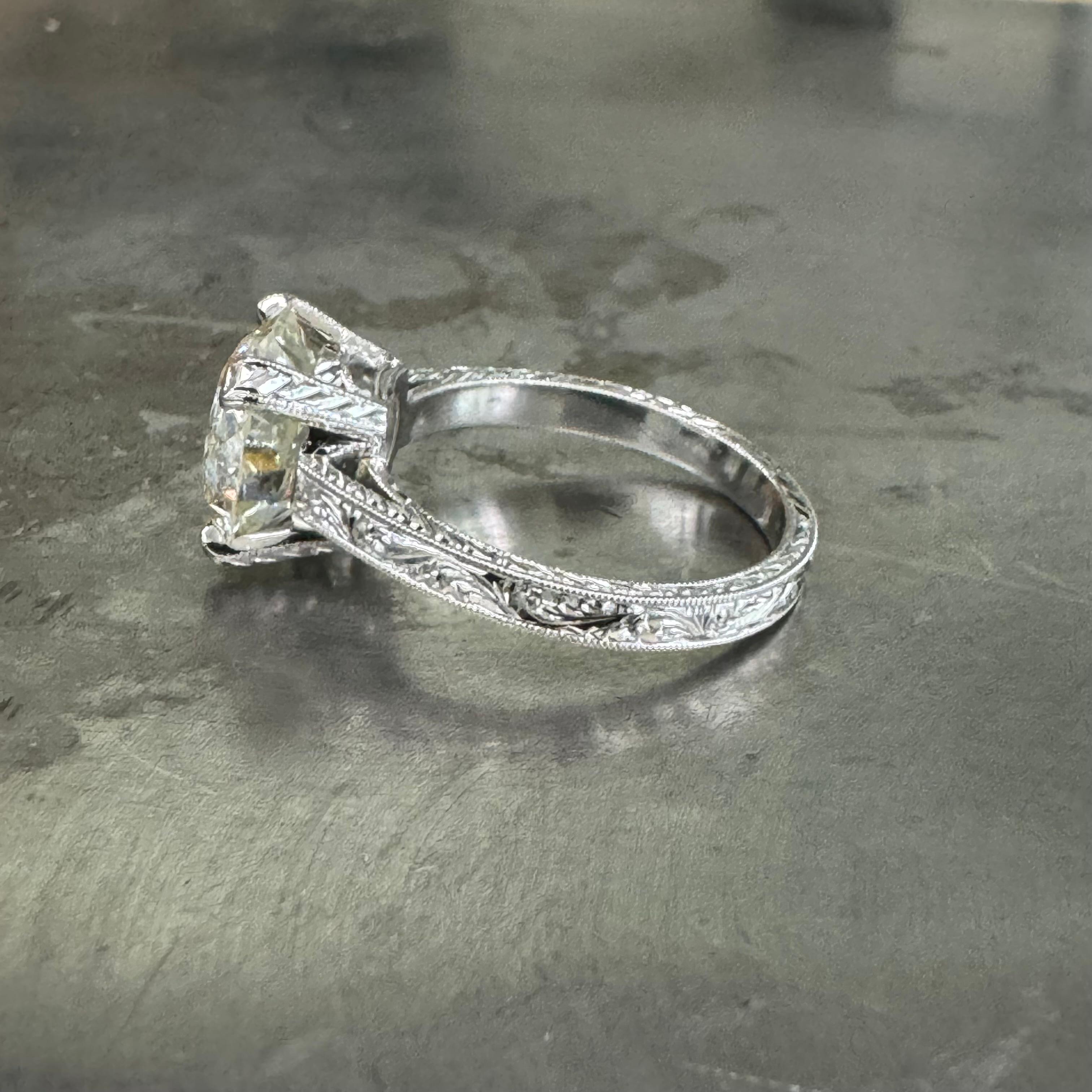 Old European Cut Hand Engraved Platinum Art Deco 3.77 Carat Old European Diamond Engagement Ring For Sale