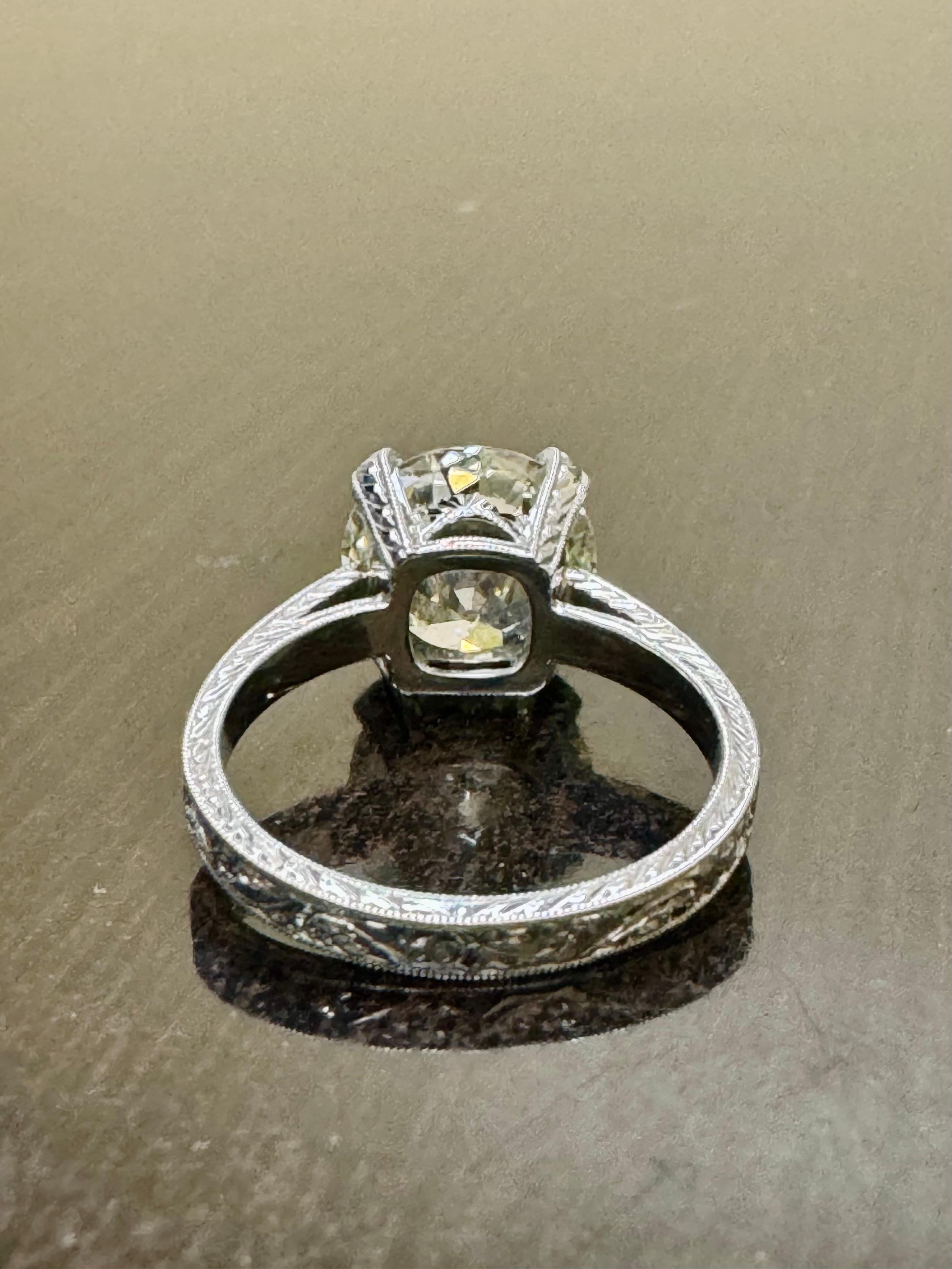 Hand Engraved Platinum Art Deco 3.77 Carat Old European Diamond Engagement Ring For Sale 3