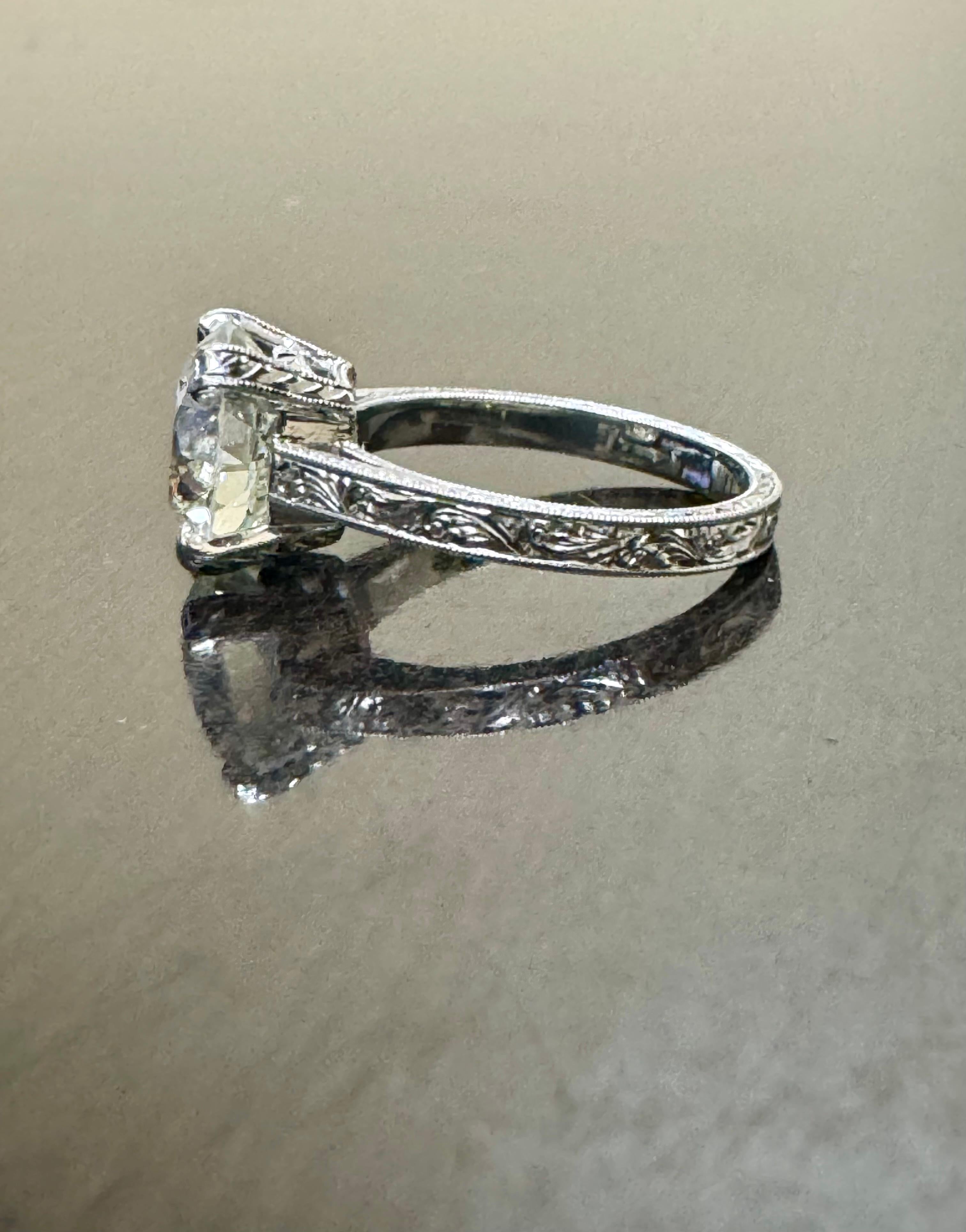 Hand Engraved Platinum Art Deco 3.77 Carat Old European Diamond Engagement Ring For Sale 4