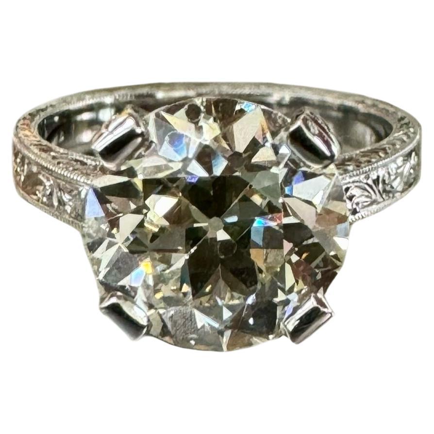 Hand Engraved Platinum Art Deco 3.77 Carat Old European Diamond Engagement Ring For Sale