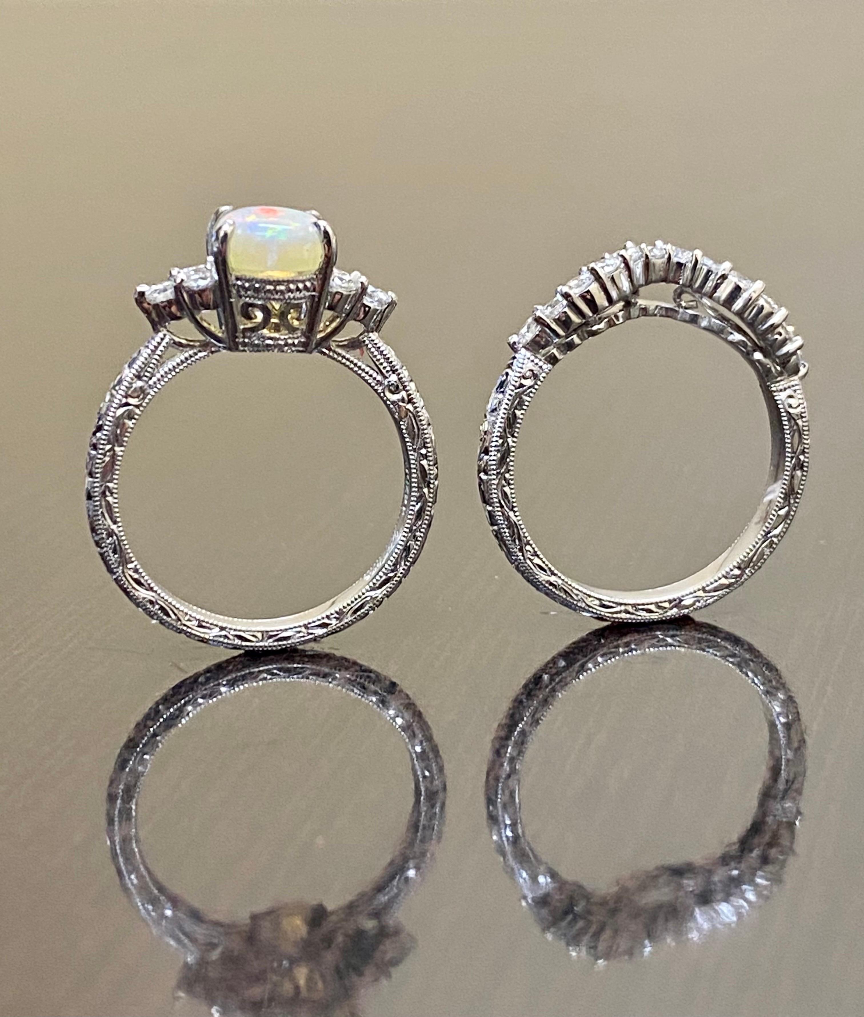 Hand Engraved Platinum Art Deco Diamond Opal Engagement Ring Bridal Set For Sale 4