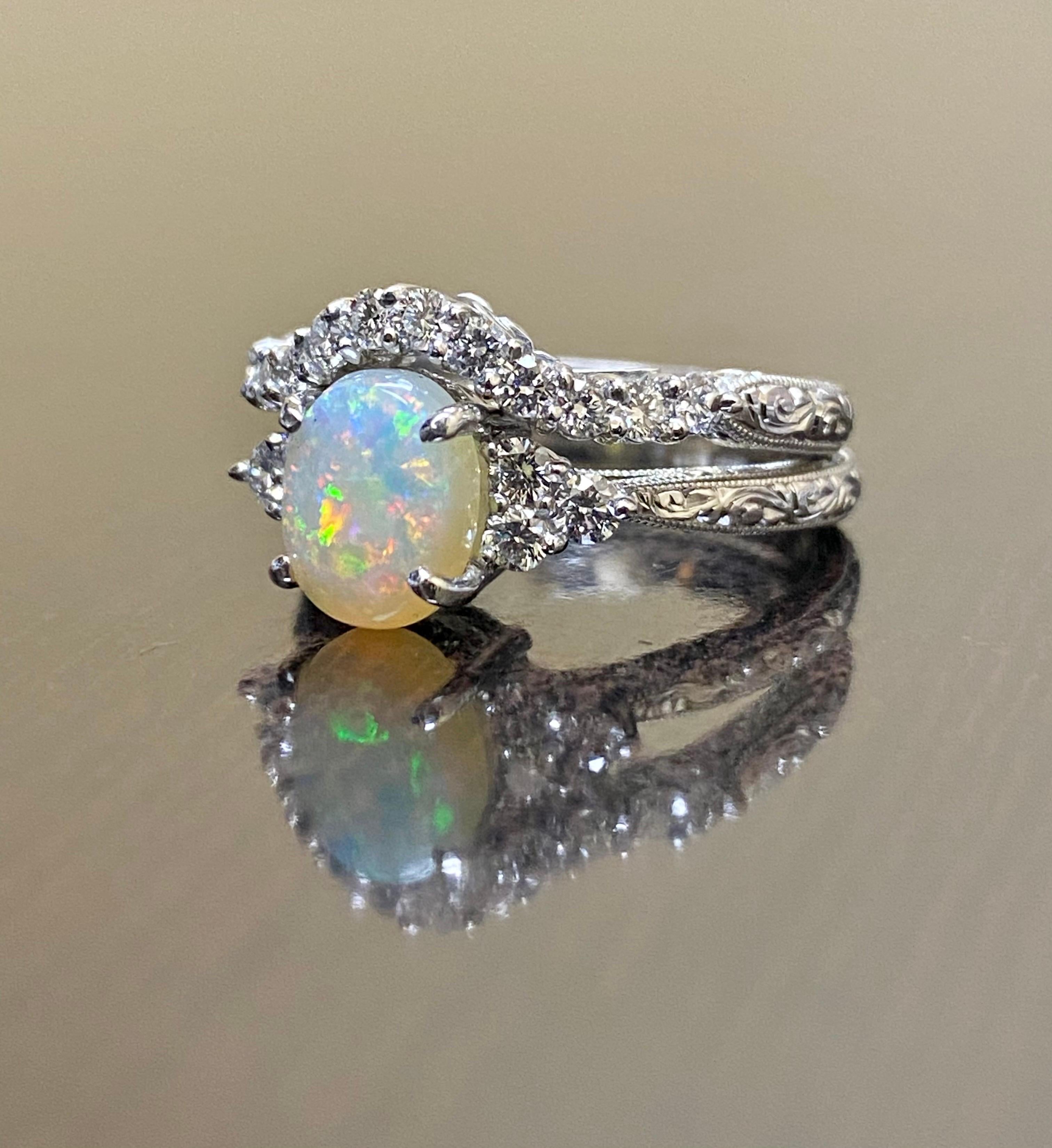 Handgravierter Platin Art Deco Diamant Opal Verlobungsring Braut-Set (Art déco) im Angebot