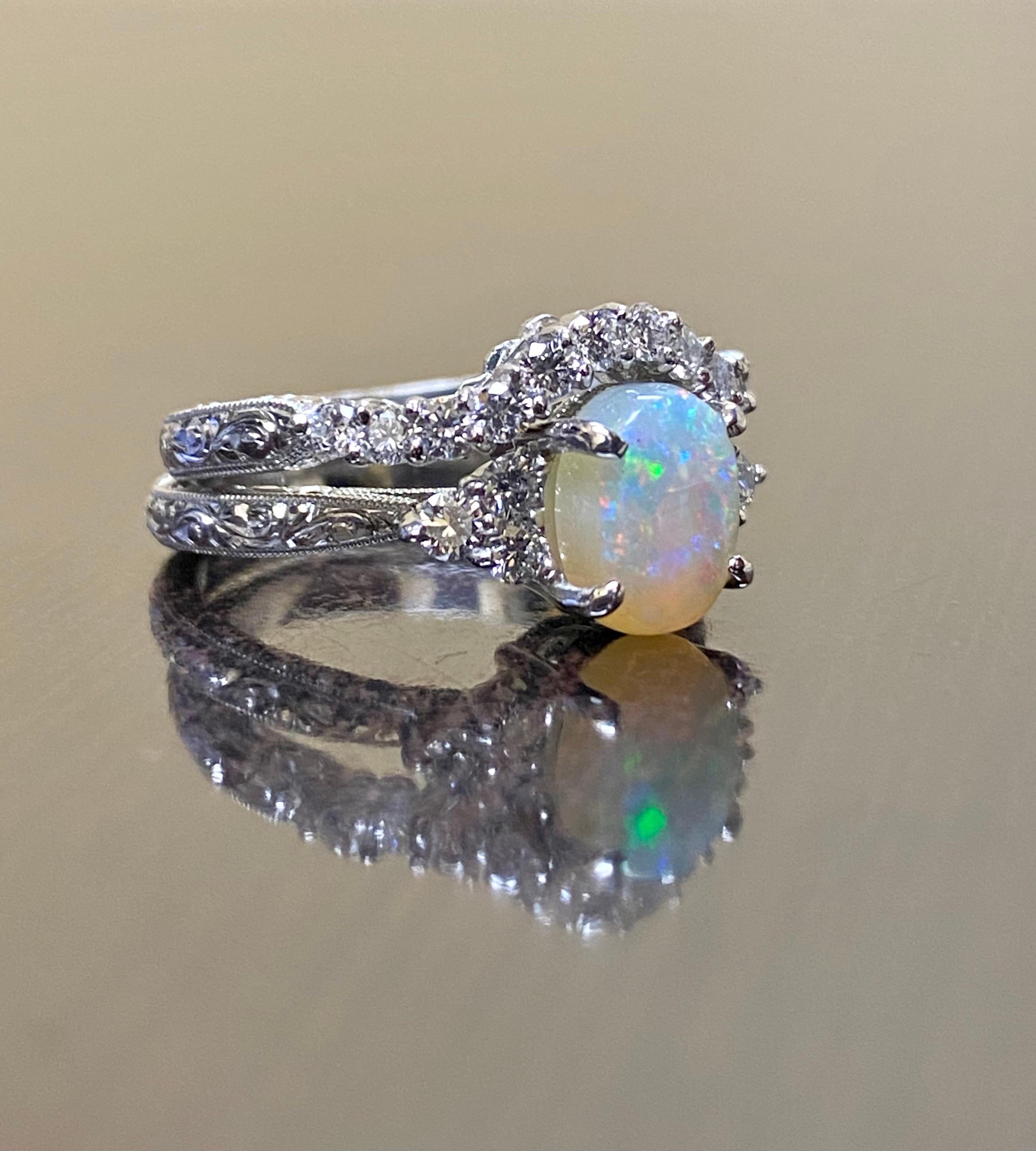 Oval Cut Hand Engraved Platinum Art Deco Diamond Opal Engagement Ring Bridal Set For Sale