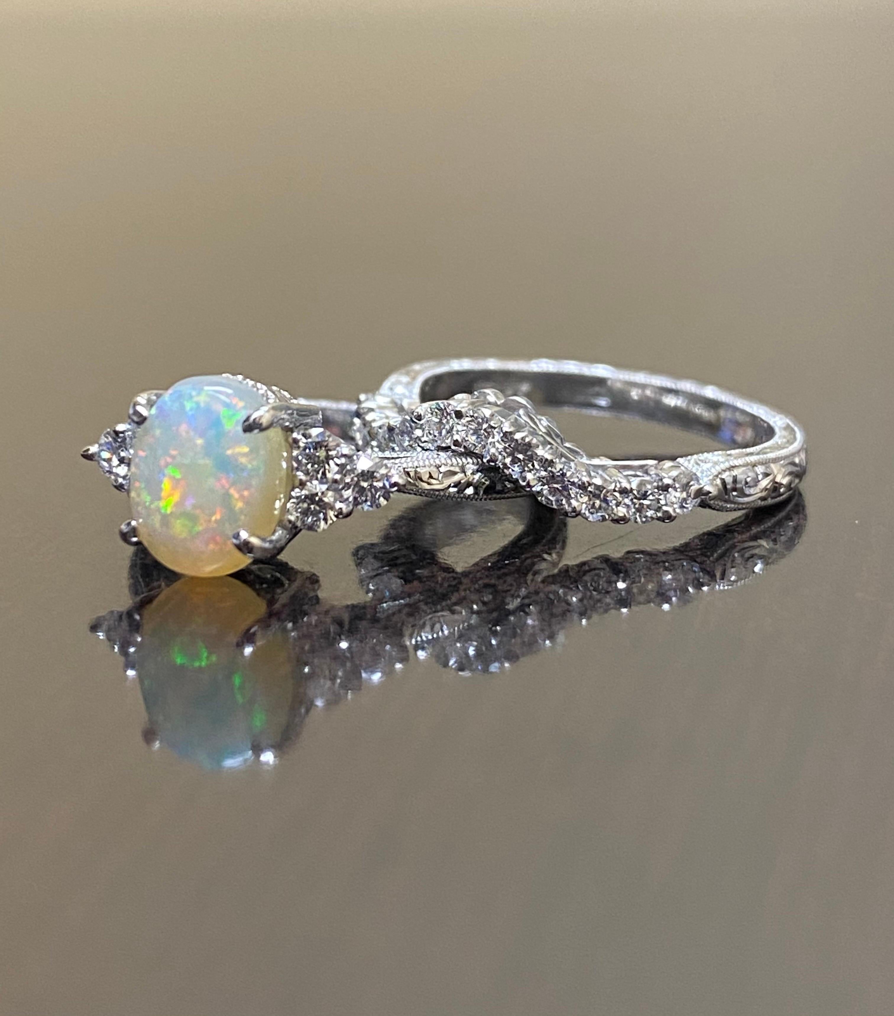 Hand Engraved Platinum Art Deco Diamond Opal Engagement Ring Bridal Set In New Condition For Sale In Los Angeles, CA