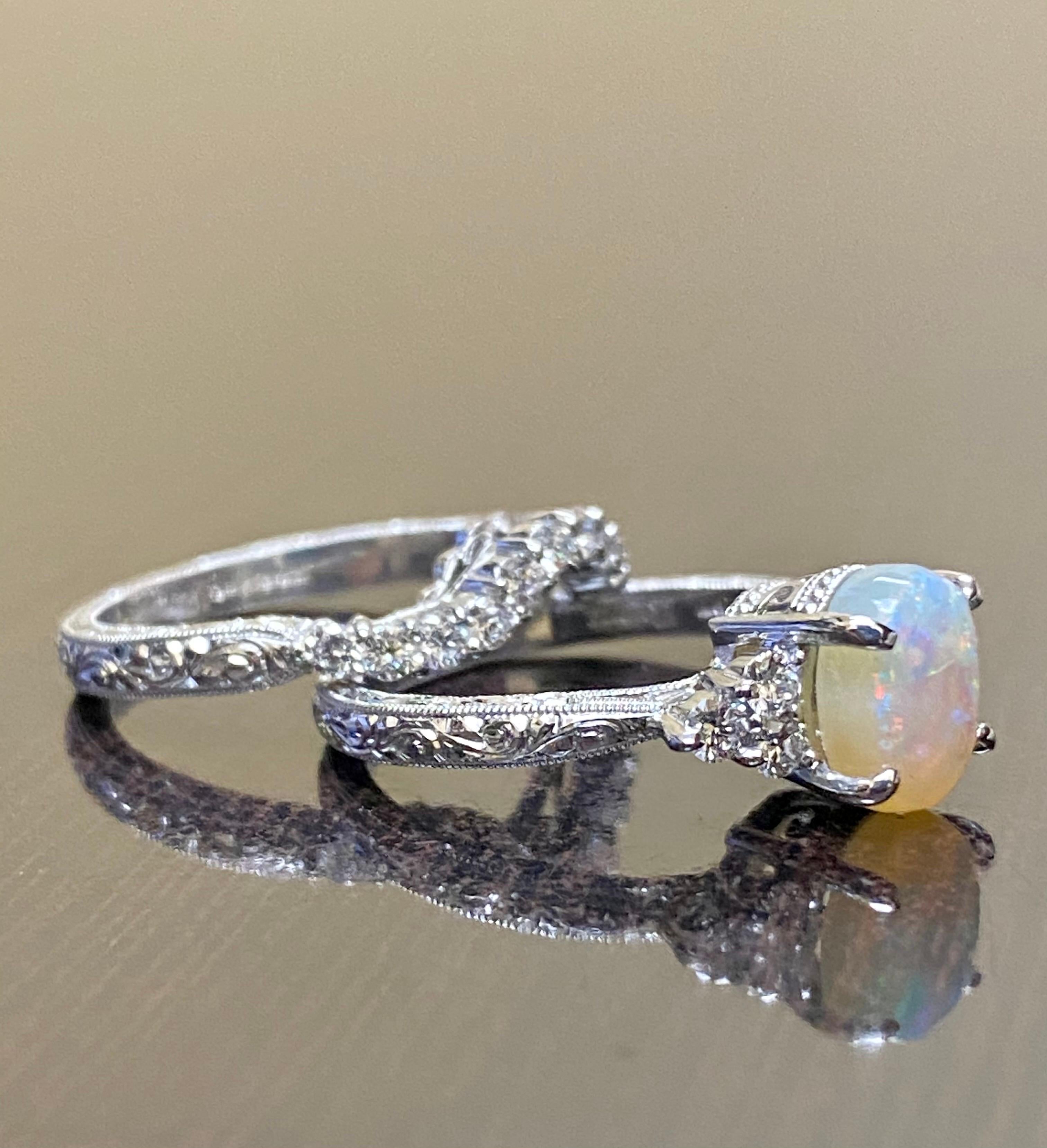Hand Engraved Platinum Art Deco Diamond Opal Engagement Ring Bridal Set For Sale 1