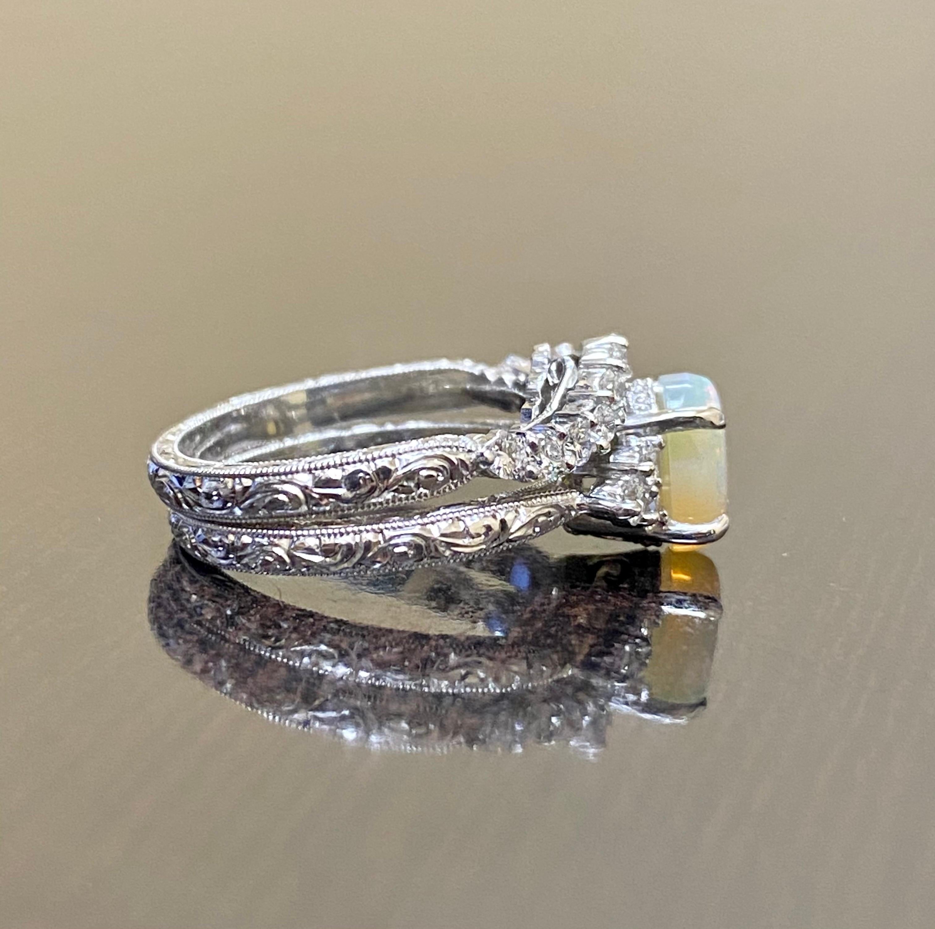 Hand Engraved Platinum Art Deco Diamond Opal Engagement Ring Bridal Set For Sale 2