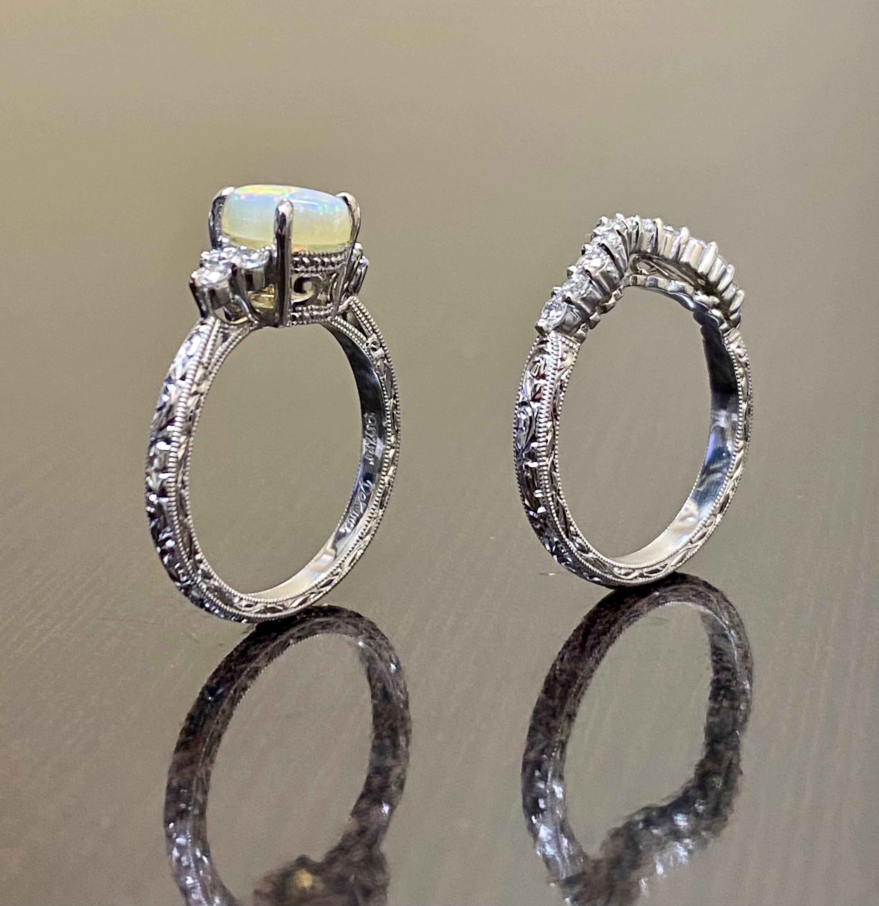 Hand Engraved Platinum Art Deco Diamond Opal Engagement Ring Bridal Set For Sale 3