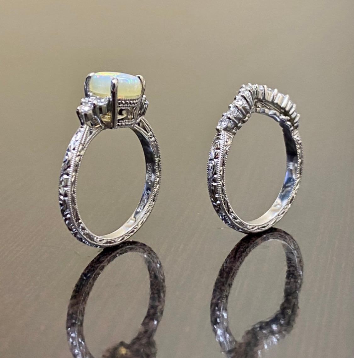 Hand Engraved 18K White Gold Diamond Australian Opal Engagement Ring Bridal Set For Sale 4