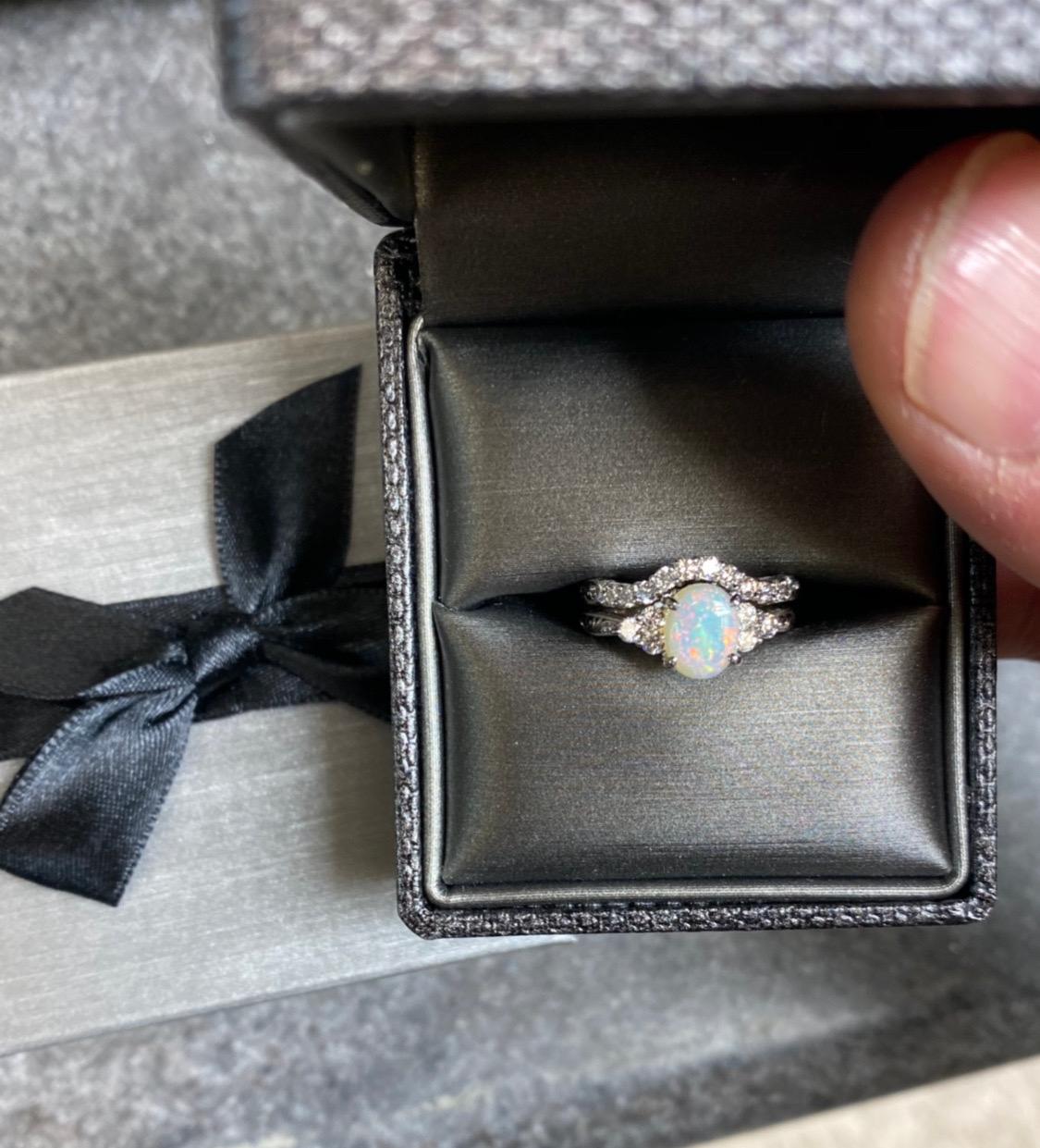Hand Engraved 18K White Gold Diamond Australian Opal Engagement Ring Bridal Set For Sale 5