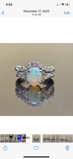 Hand Engraved 18K White Gold Diamond Australian Opal Engagement Ring Bridal Set