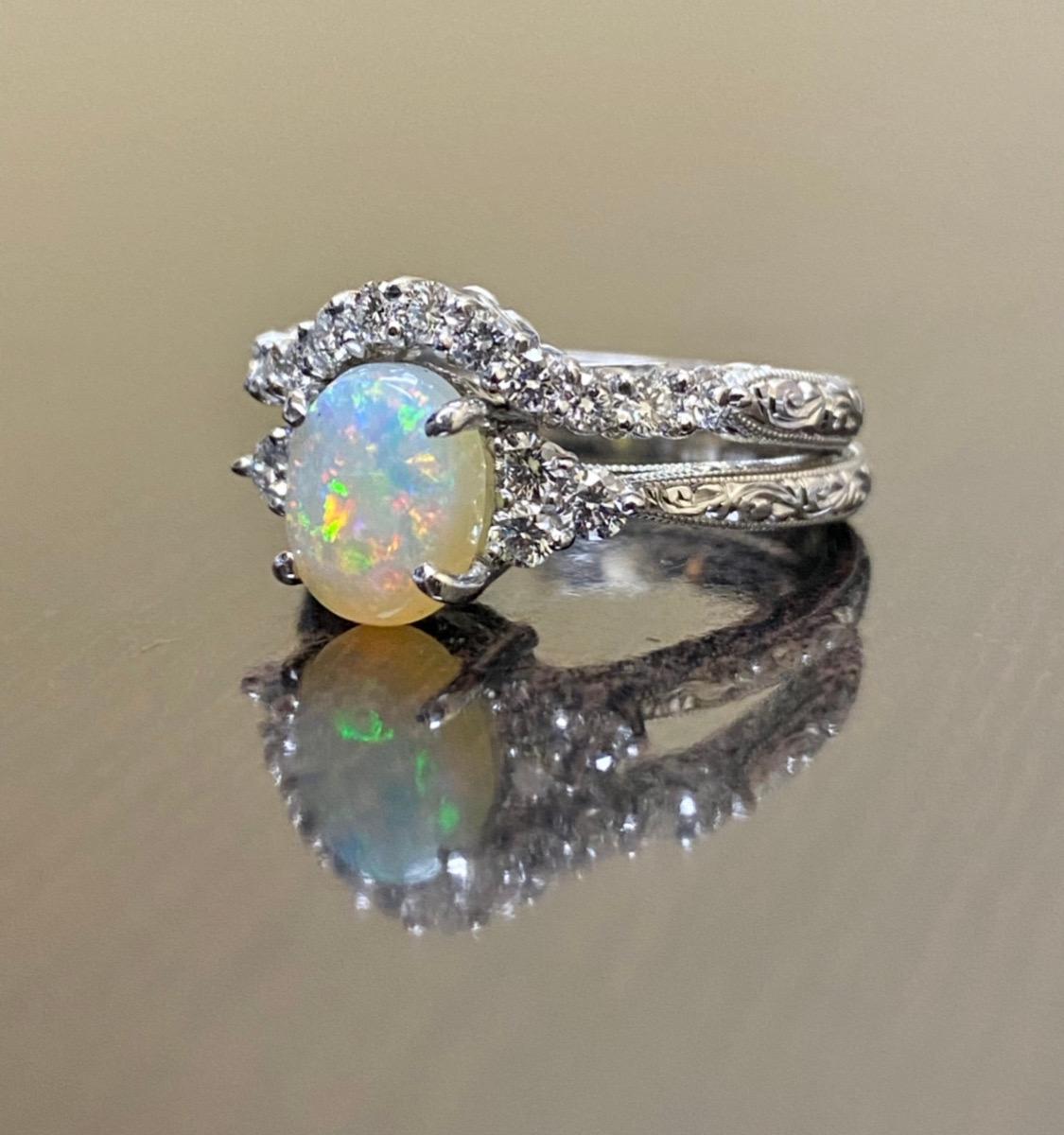 Art Deco Hand Engraved 18K White Gold Diamond Australian Opal Engagement Ring Bridal Set For Sale