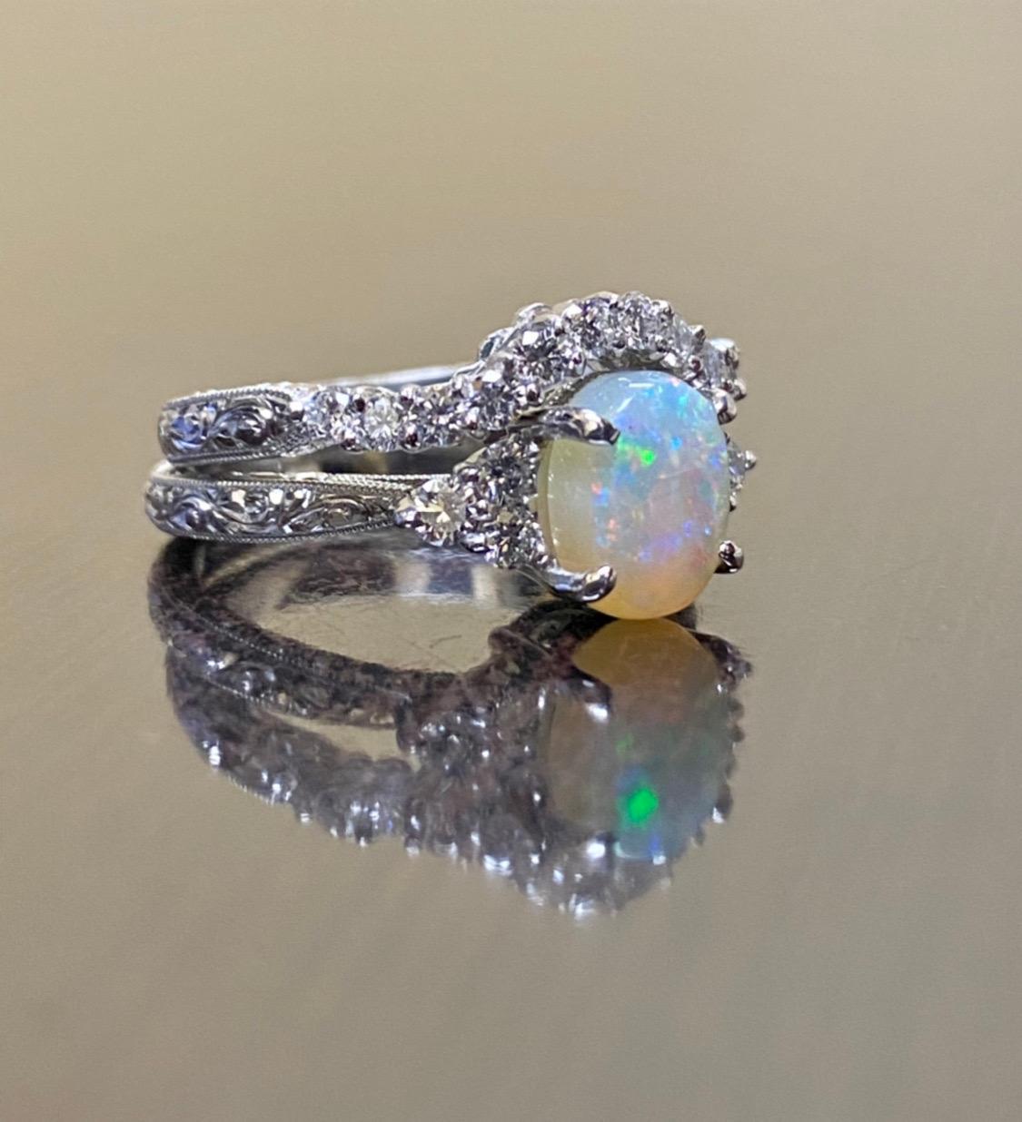 Oval Cut Hand Engraved 18K White Gold Diamond Australian Opal Engagement Ring Bridal Set For Sale