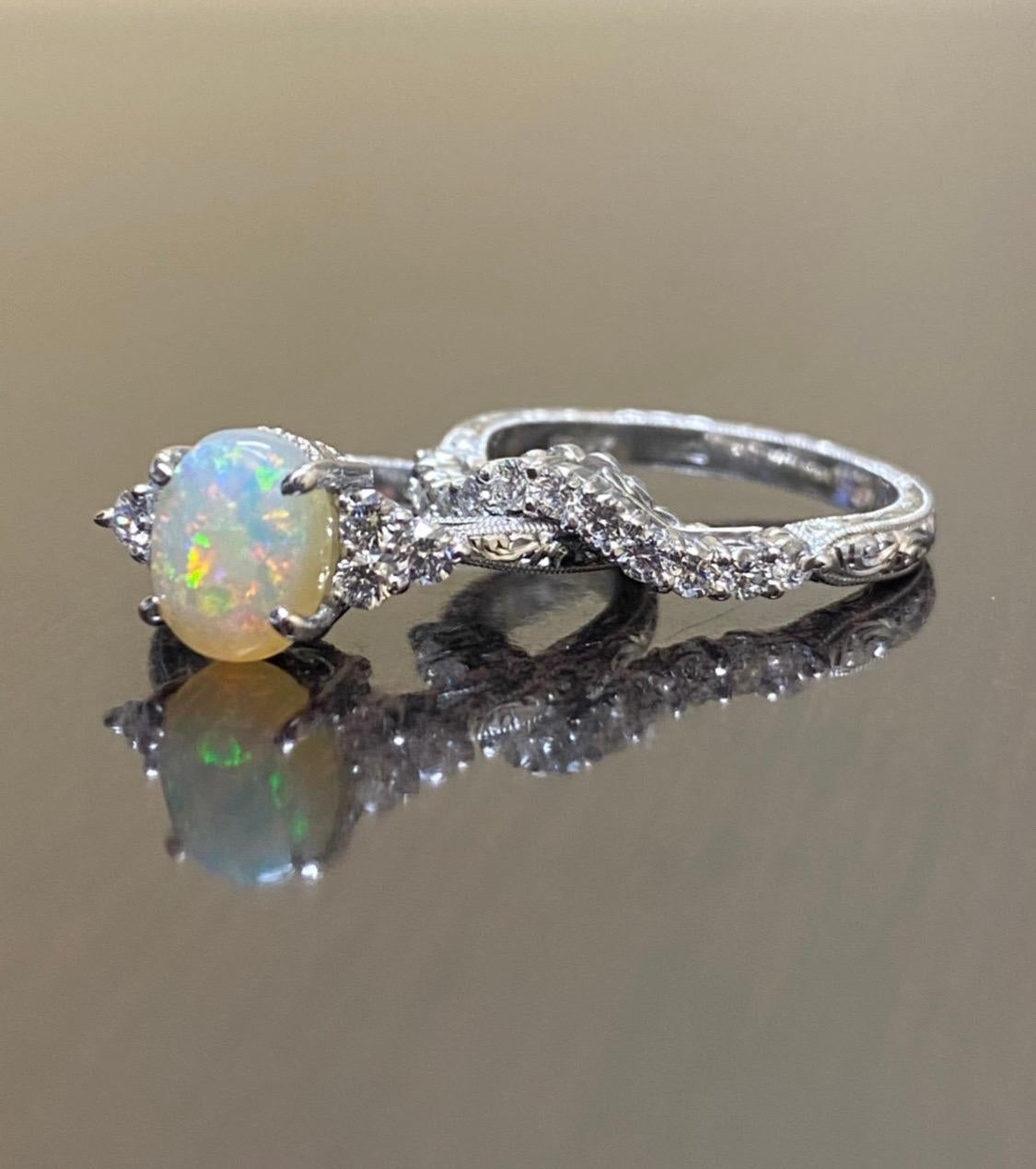 Hand Engraved 18K White Gold Diamond Australian Opal Engagement Ring Bridal Set In New Condition For Sale In Los Angeles, CA
