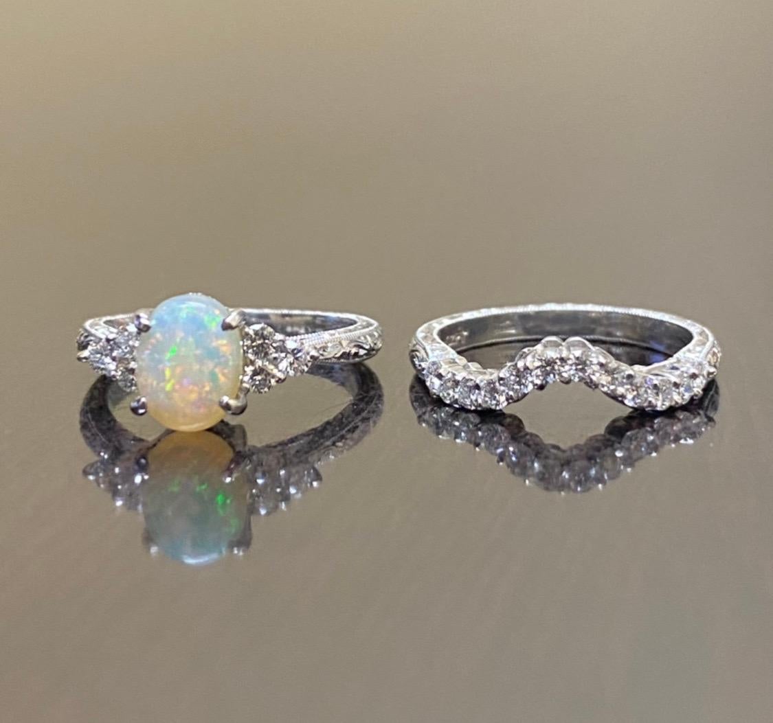 Women's Hand Engraved 18K White Gold Diamond Australian Opal Engagement Ring Bridal Set For Sale