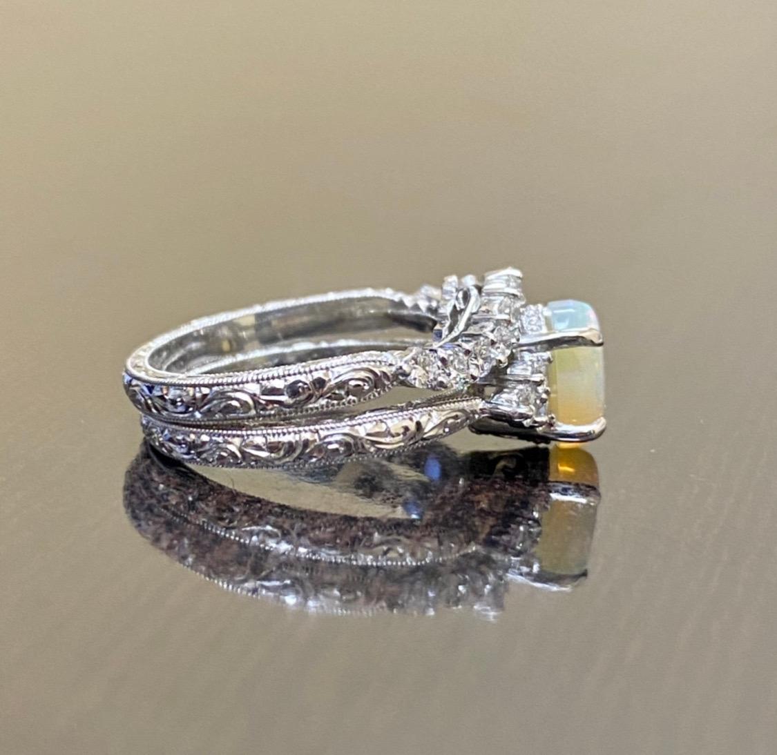 Hand Engraved 18K White Gold Diamond Australian Opal Engagement Ring Bridal Set For Sale 1