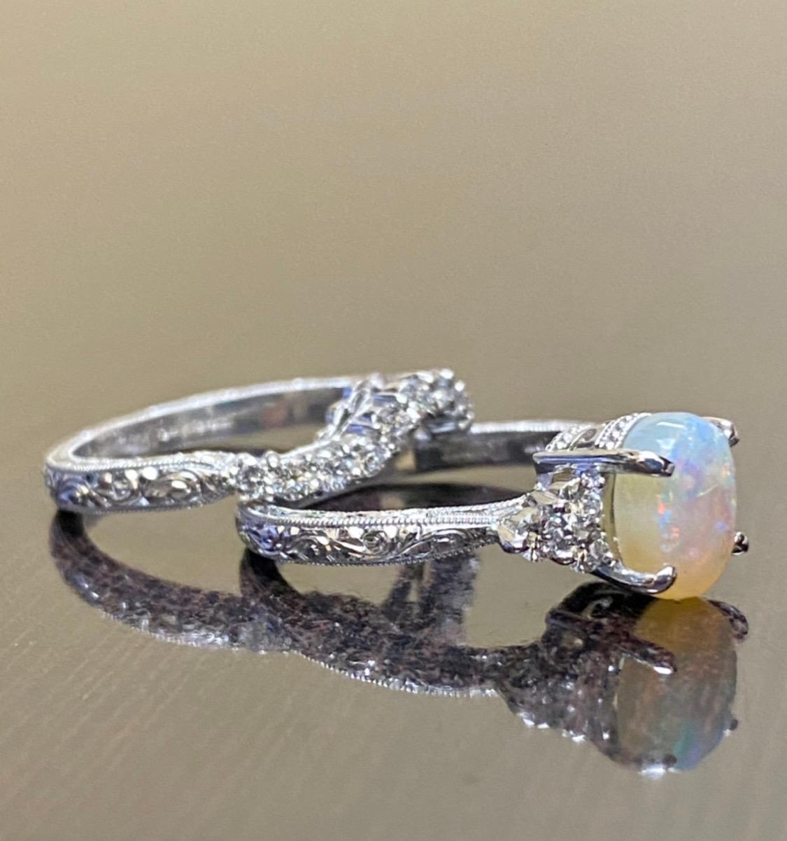 Hand Engraved 18K White Gold Diamond Australian Opal Engagement Ring Bridal Set For Sale 2