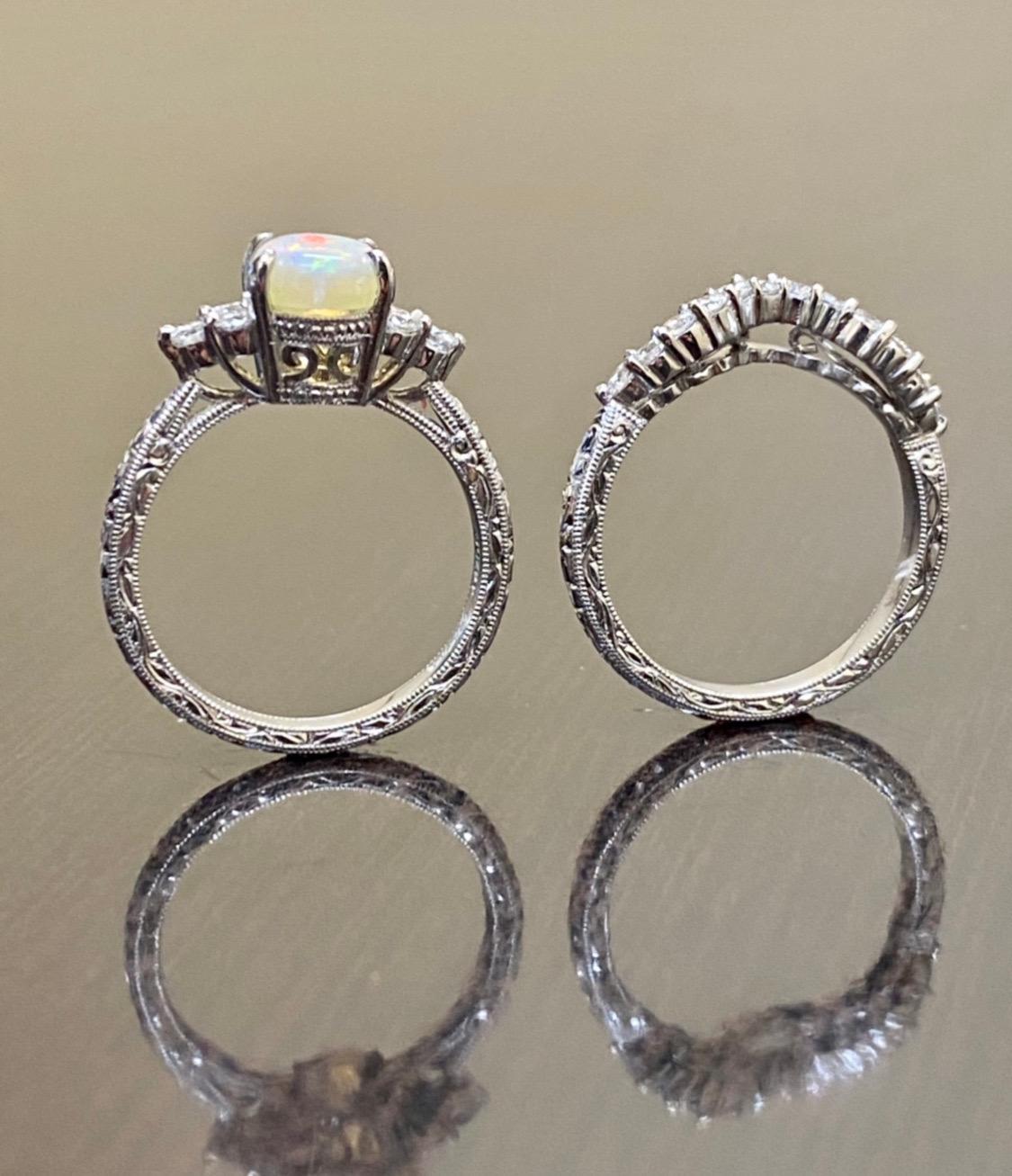 Hand Engraved 18K White Gold Diamond Australian Opal Engagement Ring Bridal Set For Sale 3