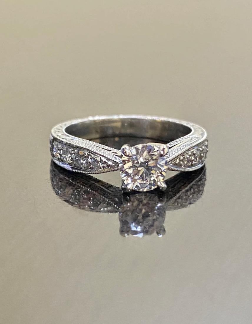 Hand Engraved Platinum GIA Certified Round F Color Diamond Engagement Ring In New Condition For Sale In Los Angeles, CA